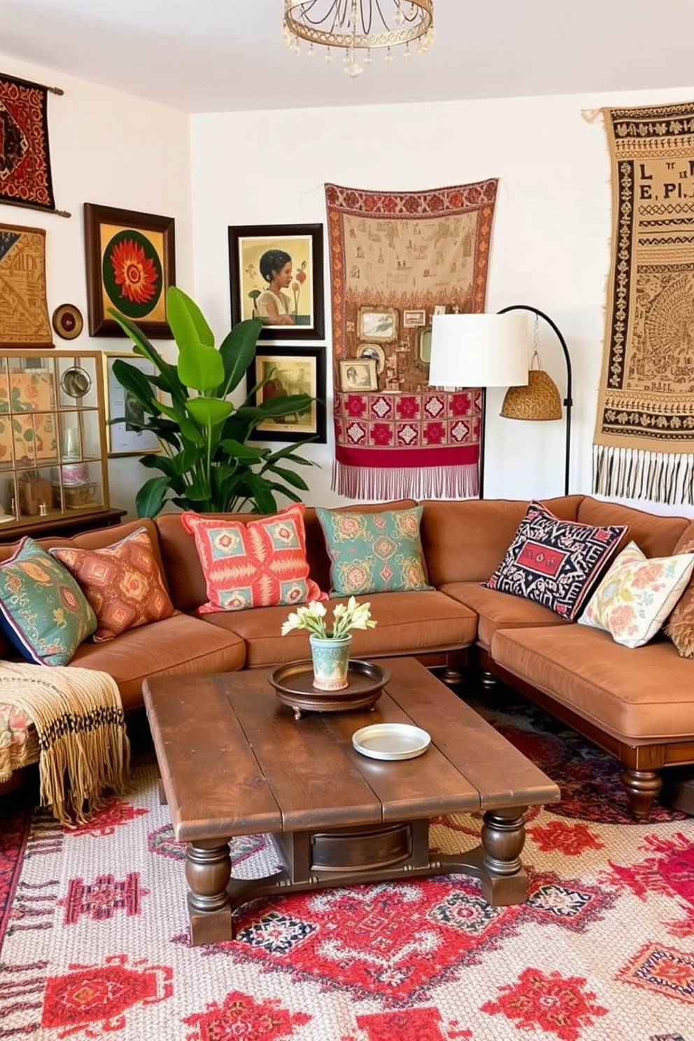 A cozy boho chic living room that blends antique and modern pieces. A vintage wooden coffee table sits in the center, surrounded by a plush sectional sofa adorned with colorful throw pillows. On the walls, eclectic art pieces and woven tapestries create a vibrant atmosphere. A large potted plant in the corner adds a touch of greenery, while a stylish floor lamp provides warm lighting.