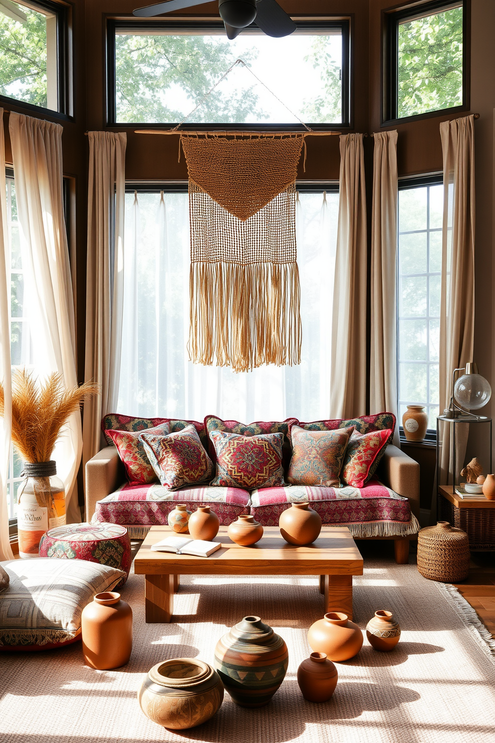 A boho chic living room filled with natural light. There are large windows with flowing sheer curtains and a cozy seating area featuring a mix of colorful patterned cushions and a low wooden coffee table. Handmade pottery pieces are scattered throughout the space as earthy accents. A large, woven wall hanging adds texture above a comfortable sofa adorned with vibrant throw pillows.