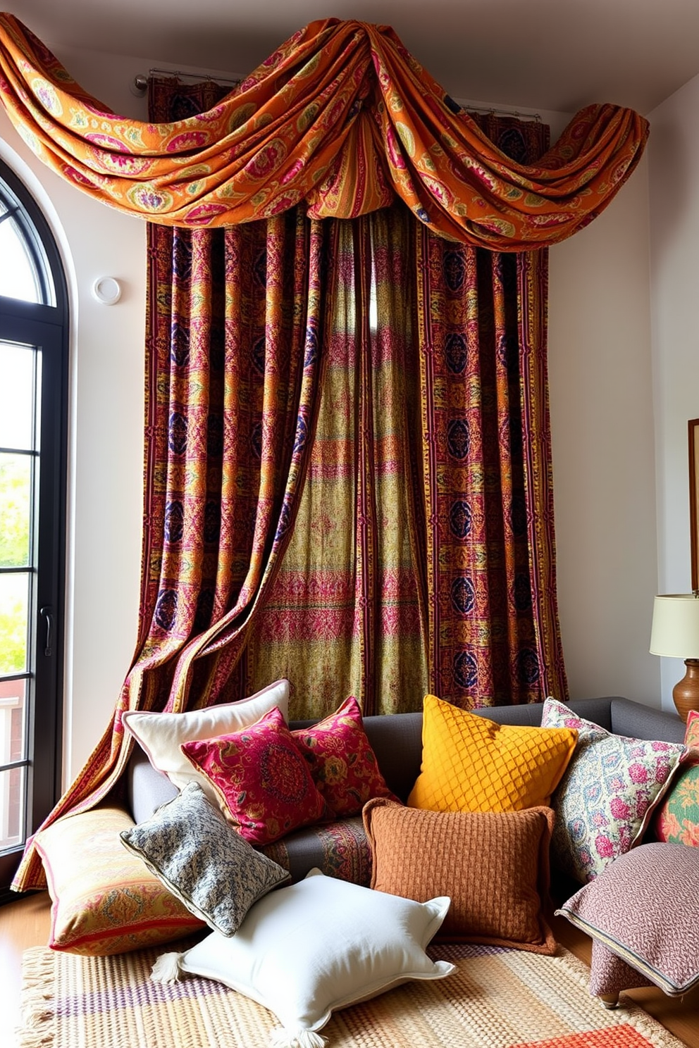 Brightly patterned curtains drape elegantly from the ceiling, adding a vibrant touch to the room. The curtains feature an array of colors and intricate designs that complement the overall boho chic aesthetic. In the living room, a mix of textures and materials creates a cozy atmosphere. Plush cushions in various patterns and a woven rug anchor the space, inviting relaxation and conversation.