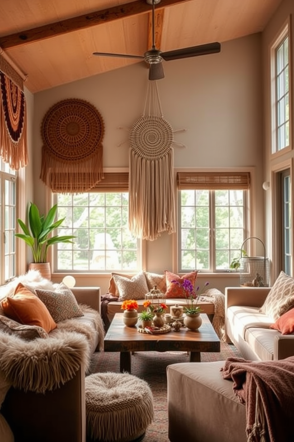 A cozy boho chic living room adorned with macrame wall hangings that add a layer of texture to the space. The room features a large, plush sectional sofa in neutral tones, accented with colorful throw pillows and a woven coffee table at the center.