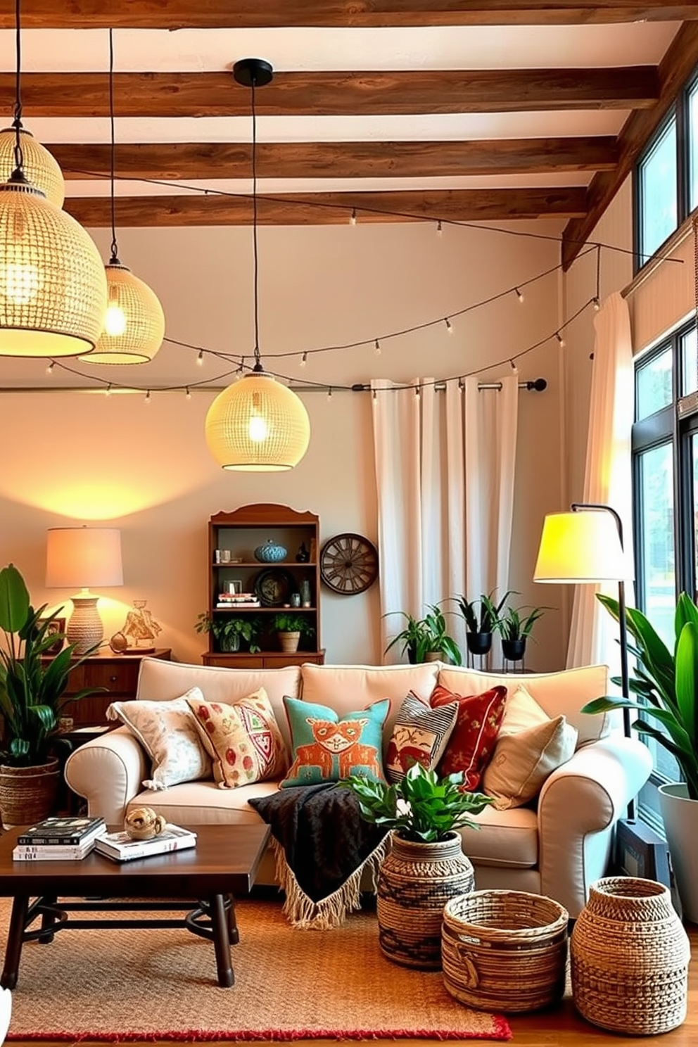 A cozy bohemian living room filled with unique lighting fixtures that add character and warmth. The space features an oversized sectional sofa adorned with vibrant patterned cushions and a woven area rug underfoot. Hanging from the ceiling are an array of eclectic pendant lights in various shapes and sizes, casting a warm glow across the room. Potted plants are scattered throughout, bringing a touch of nature and enhancing the boho chic aesthetic.