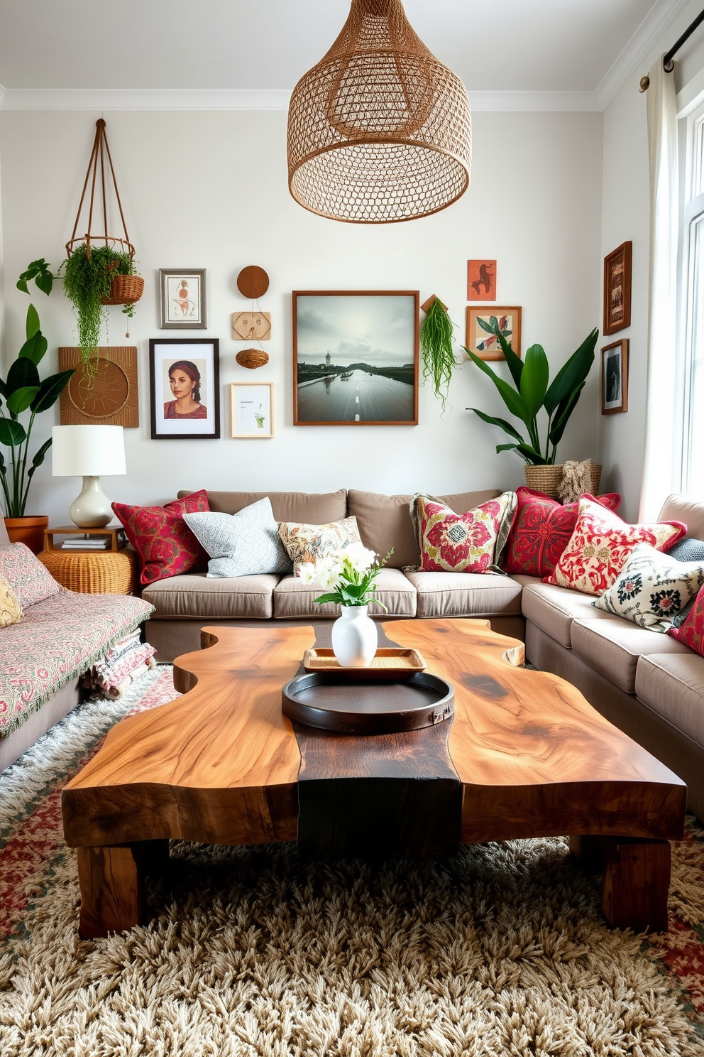 A cozy living room featuring a blend of vintage and modern furniture styles. A plush mid-century sofa with colorful throw pillows sits opposite a sleek glass coffee table surrounded by eclectic armchairs. The walls are adorned with a mix of framed vintage art and contemporary prints. A large woven rug anchors the space, while indoor plants add a touch of greenery and warmth.