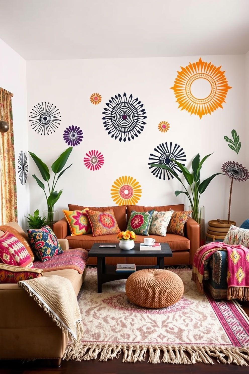 A vibrant boho chic living room features bold wall decals that add artistic flair to the space. The room is adorned with a mix of colorful textiles, including patterned throw pillows and a cozy area rug, creating a warm and inviting atmosphere.