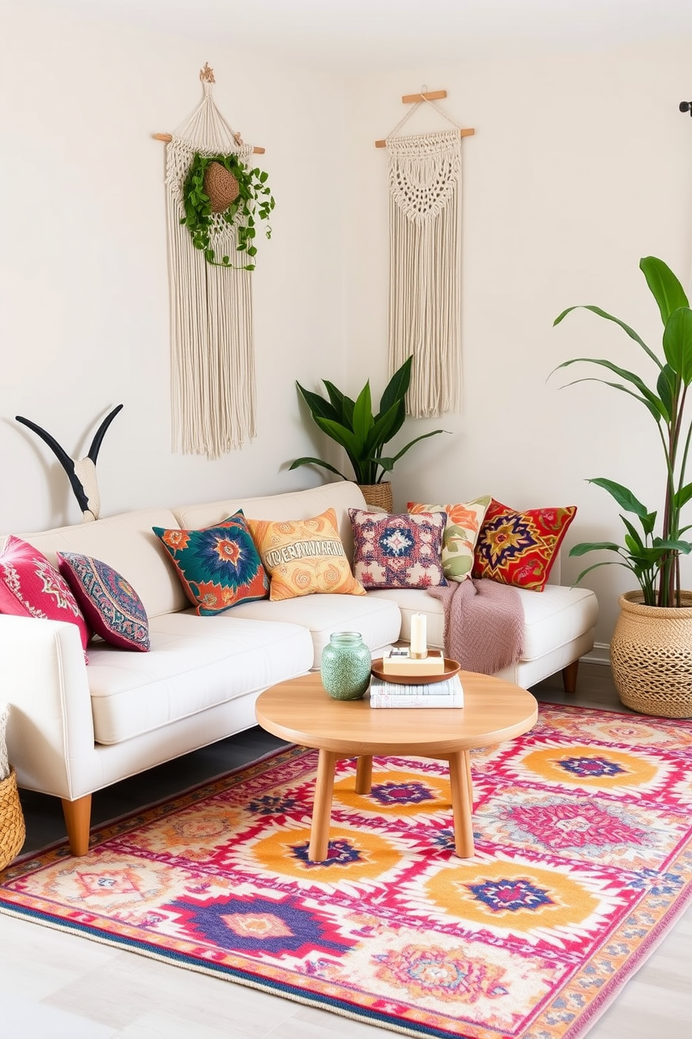 A cozy boho chic living room features a soft neutral base with light beige walls and a plush cream sofa adorned with colorful patterned throw pillows. A vibrant area rug with bold geometric designs anchors the space, while macrame wall hangings and lush indoor plants add a touch of warmth and personality.