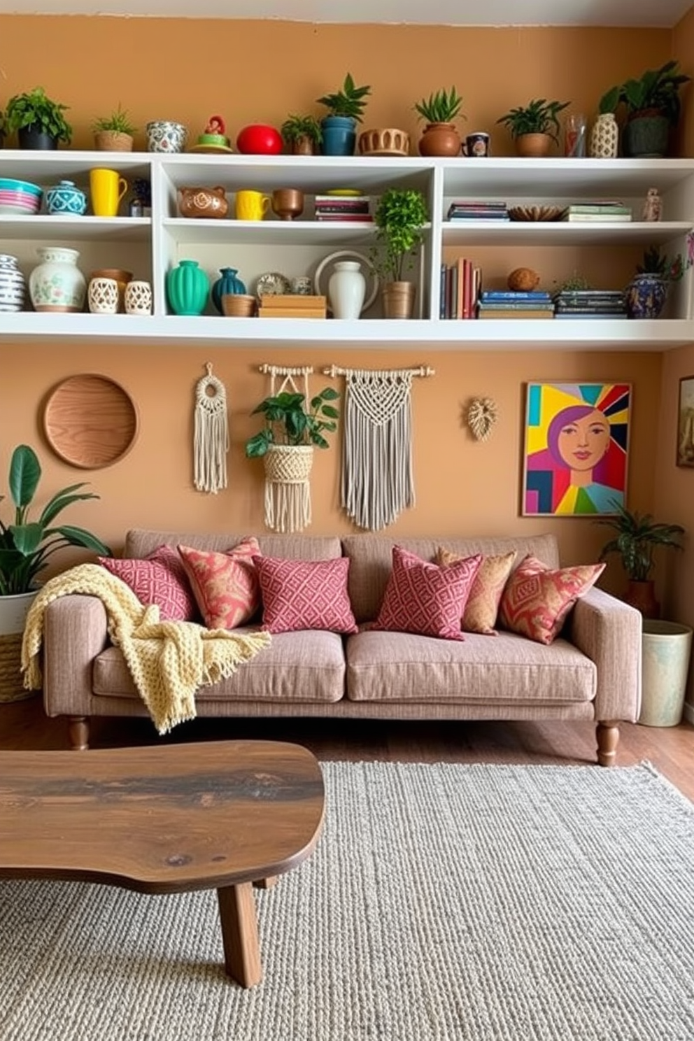 Open shelving is styled with an eclectic mix of decorative items including colorful ceramics, plants, and books. A cozy seating arrangement features a large, textured sofa adorned with patterned throw pillows and a woven blanket. The walls are painted in a warm neutral tone, complemented by macrame wall hangings and vibrant artwork. A natural fiber rug anchors the space, while a wooden coffee table adds an organic touch to the boho chic aesthetic.