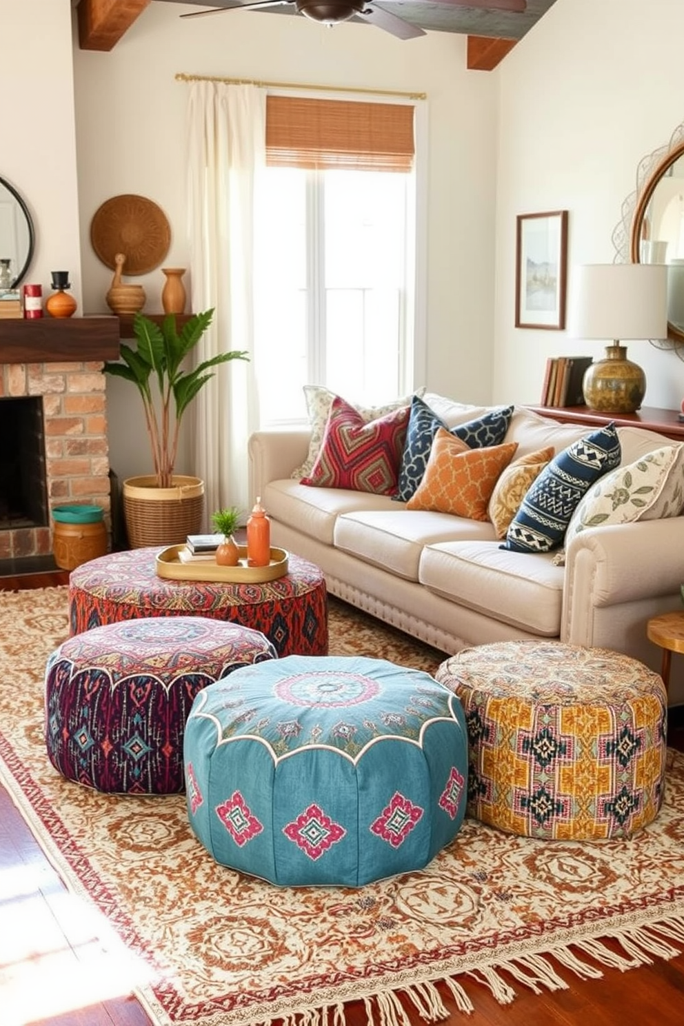 Chic poufs for additional seating in a cozy living room. The poufs are adorned with vibrant patterns and textures, providing a playful touch to the space. Boho Chic Living Room Design Ideas featuring layered textiles and a mix of natural materials. A large, plush area rug anchors the seating area, complemented by an assortment of colorful throw pillows.