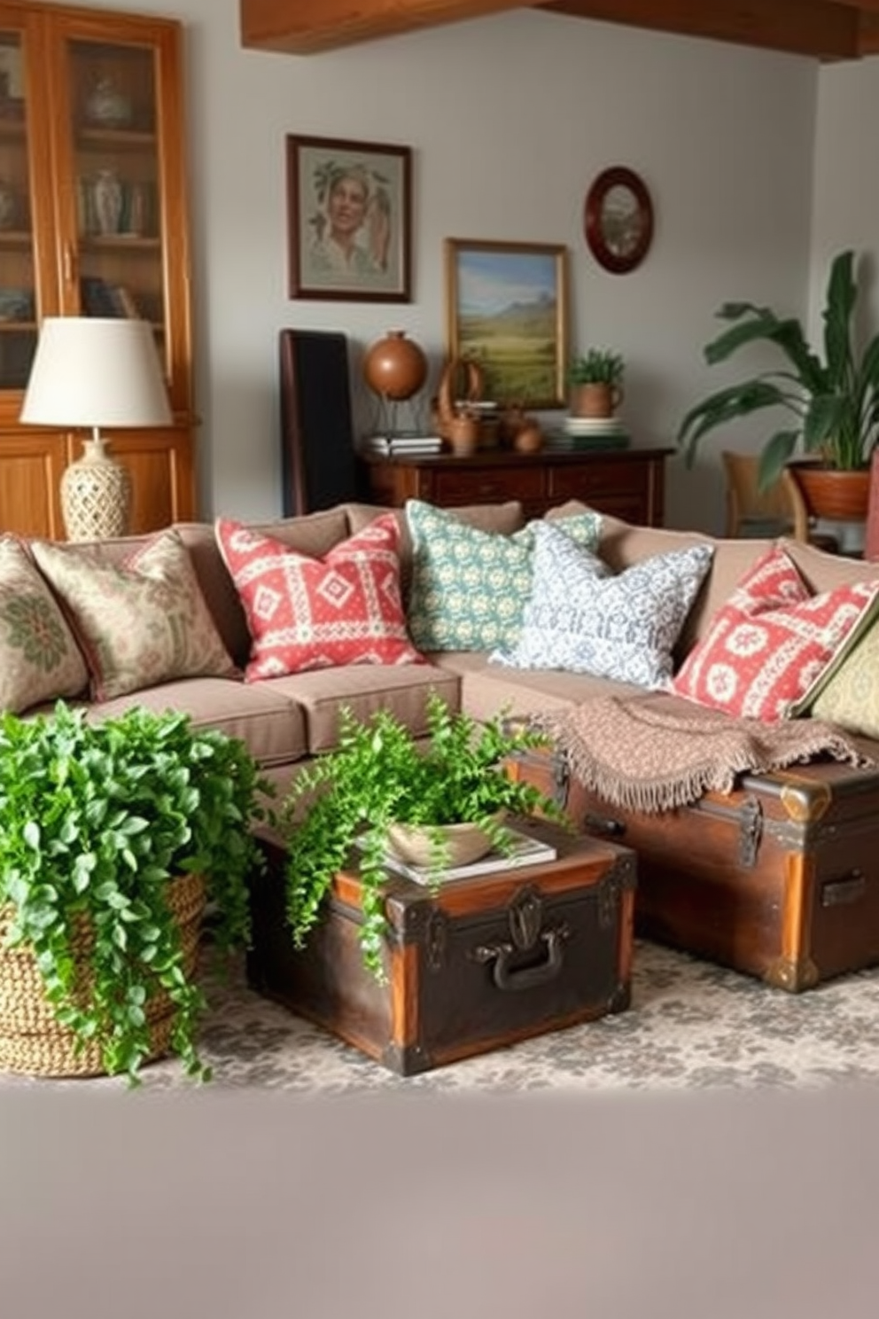 A cozy boho chic living room features vintage trunks used as coffee tables, adding character and charm to the space. The trunks are adorned with colorful textiles and surrounded by plush cushions in various patterns and textures. A large, patterned area rug anchors the seating area, creating a warm and inviting atmosphere. Lush greenery in woven baskets complements the eclectic decor, bringing a touch of nature indoors.