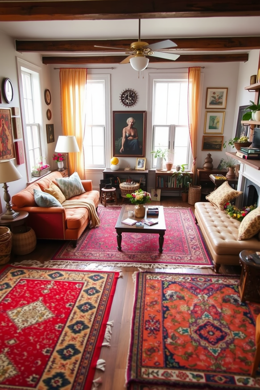 A vibrant boho chic living room filled with eclectic decor. Colorful area rugs in various patterns and textures define different spaces, creating a cozy and inviting atmosphere.