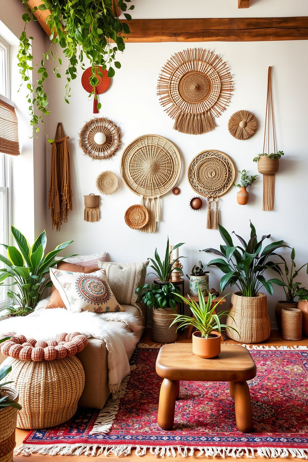 A cozy boho chic living room filled with vibrant colors and eclectic patterns. The space features decorative mirrors strategically placed to enhance the feeling of spaciousness and reflect natural light. Soft textiles like a large woven rug and colorful throw pillows adorn a comfortable sofa. Potted plants and unique art pieces add character and warmth to the inviting atmosphere.