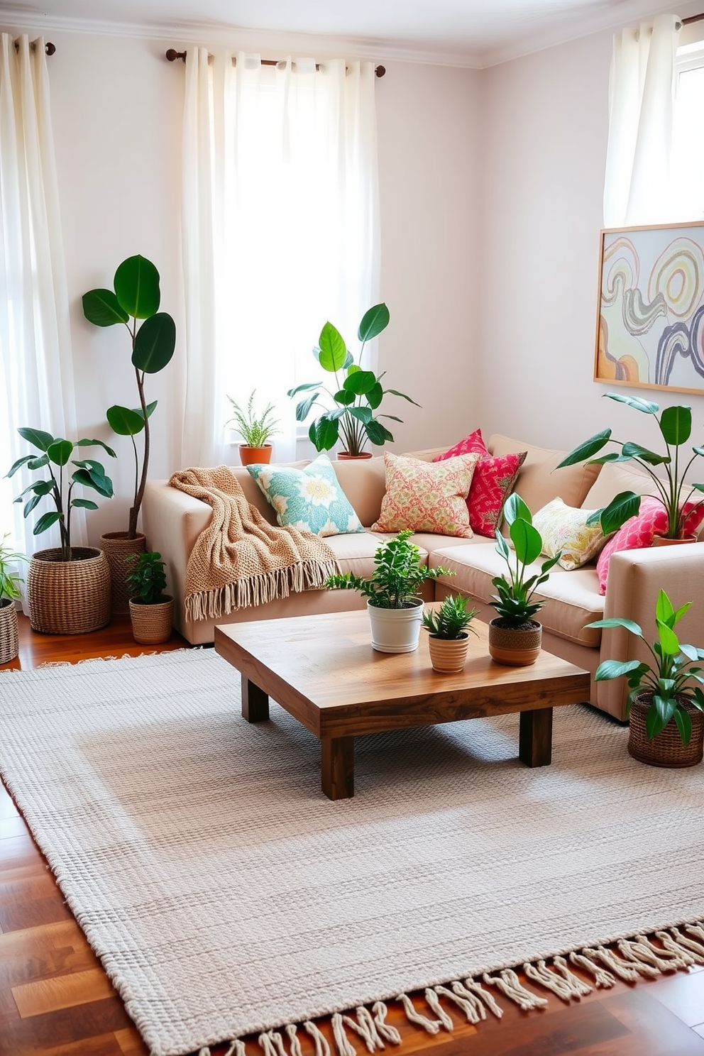 A cozy boho chic living room adorned with textile wall hangings that showcase vibrant colors and intricate patterns. The space features a plush sofa with an array of patterned throw pillows, and a large woven rug anchors the room while adding warmth and texture.