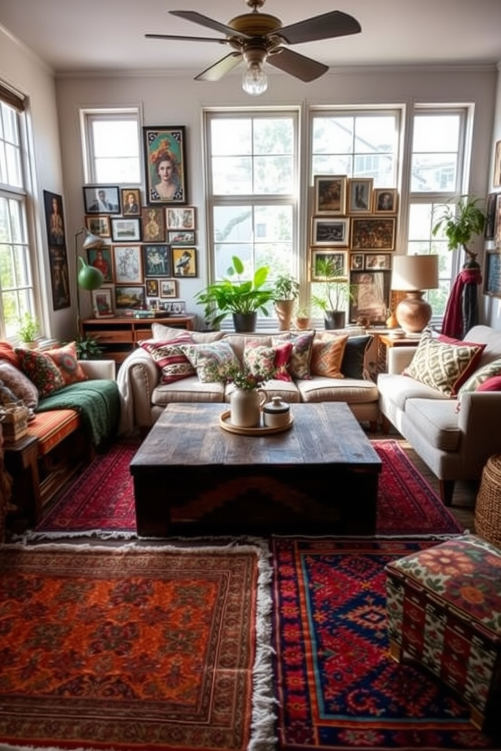 A cozy boho chic living room featuring vintage rugs with bold patterns that add warmth and character to the space. The room is filled with an eclectic mix of furniture, including a plush sofa adorned with colorful throw pillows and a reclaimed wood coffee table at the center. Natural light floods in through large windows, illuminating the vibrant textiles and greenery scattered throughout. A gallery wall of art and photos creates a personalized touch, enhancing the inviting atmosphere of the room.