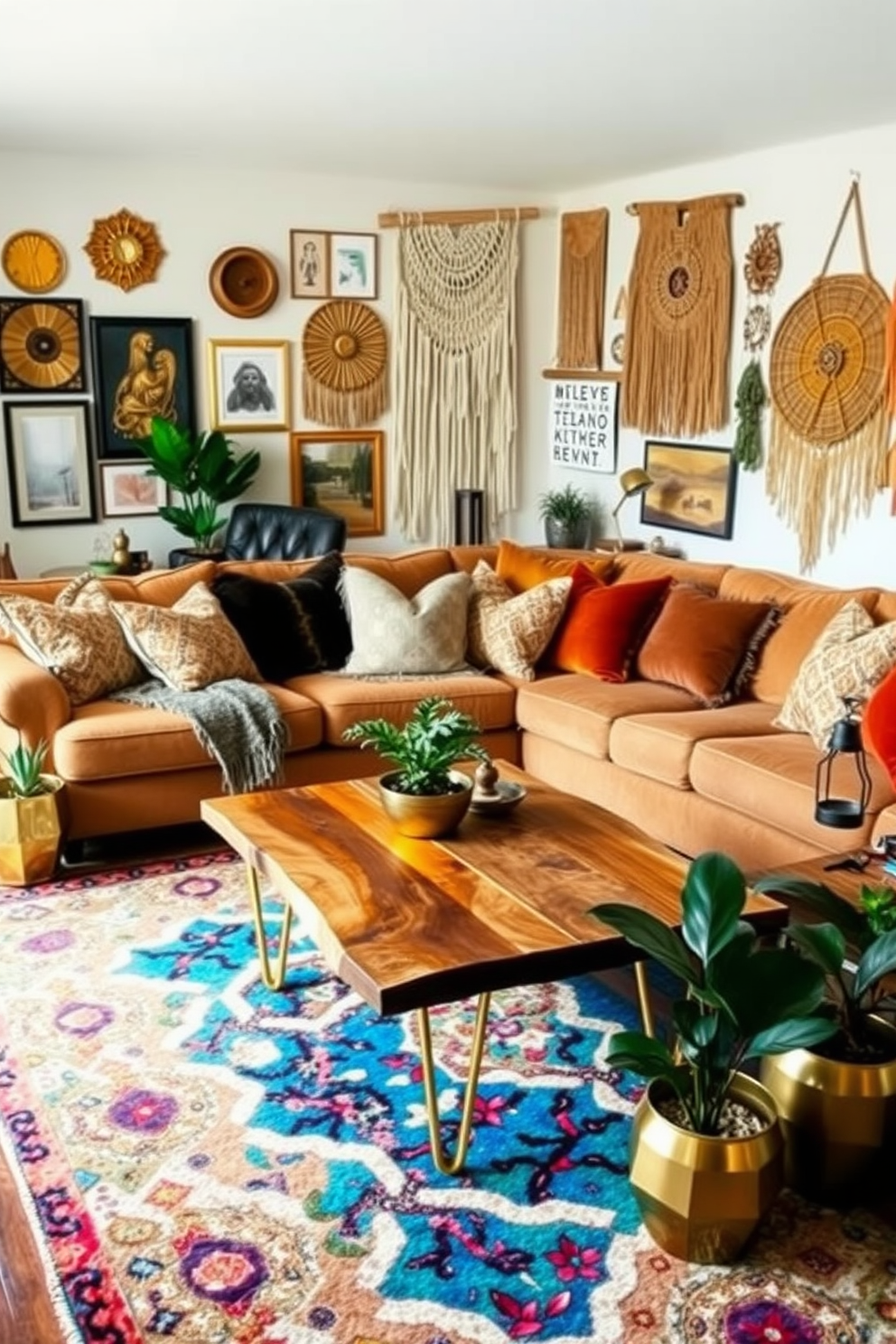 A vibrant living room that showcases a blend of cultures through decor items. Colorful textiles drape over a large, inviting sofa adorned with an array of patterned cushions from various regions. Handcrafted wooden furniture pieces complement the space, each telling a unique story. Wall art featuring traditional motifs and woven baskets add character and warmth to the eclectic atmosphere.