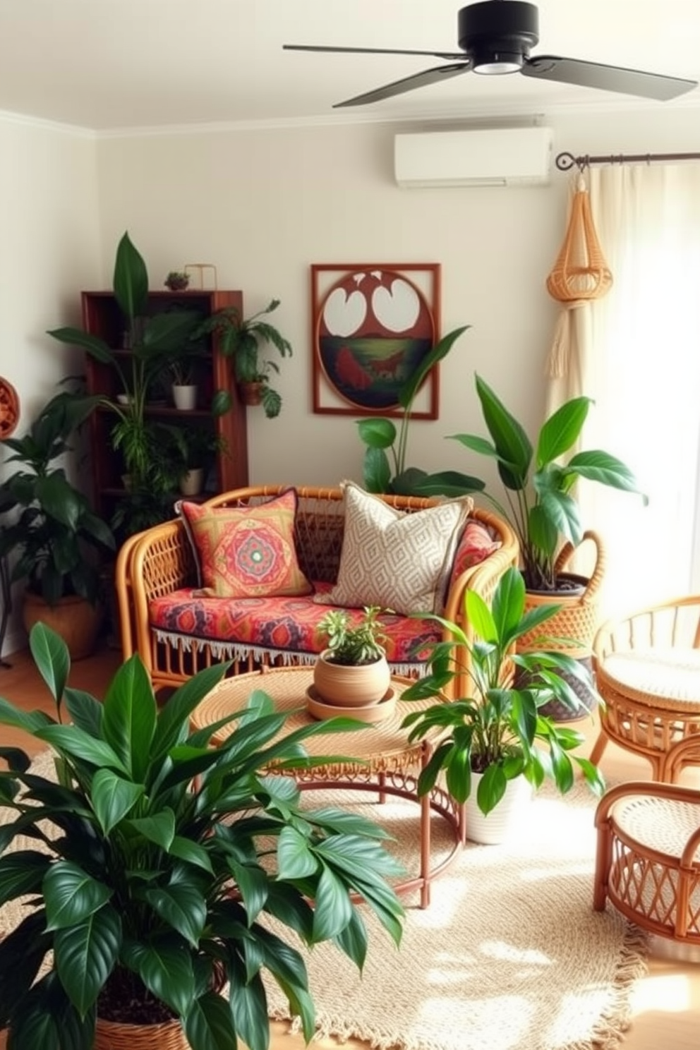 A cozy boho chic living room features rattan chairs that bring a natural touch to the space. The chairs are adorned with colorful cushions and are positioned around a low wooden coffee table, creating an inviting atmosphere.