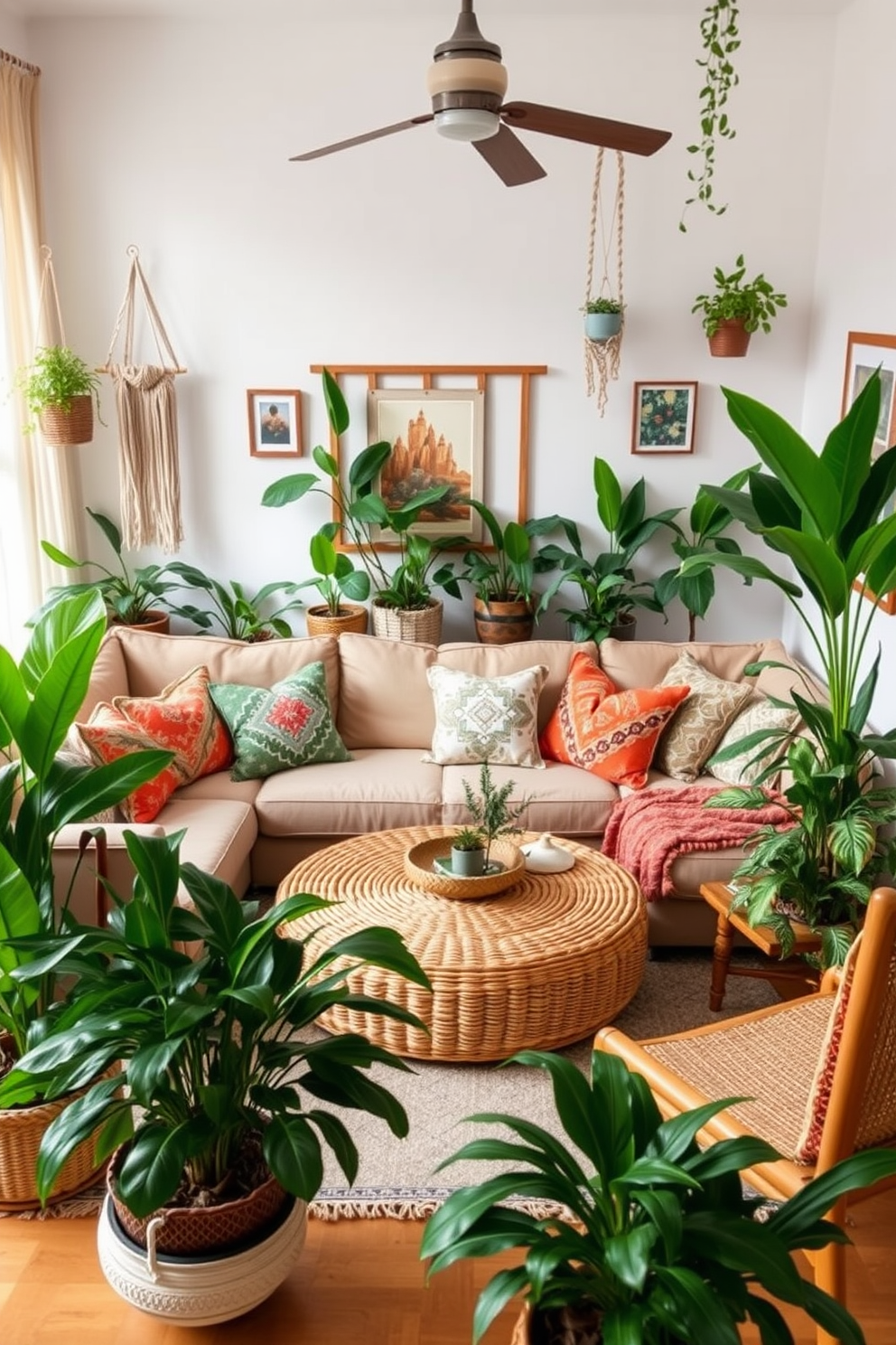 A cozy Boho Chic living room features an array of colorful floor cushions scattered across a textured jute rug. The walls are adorned with woven tapestries and potted plants, creating a vibrant and inviting atmosphere.