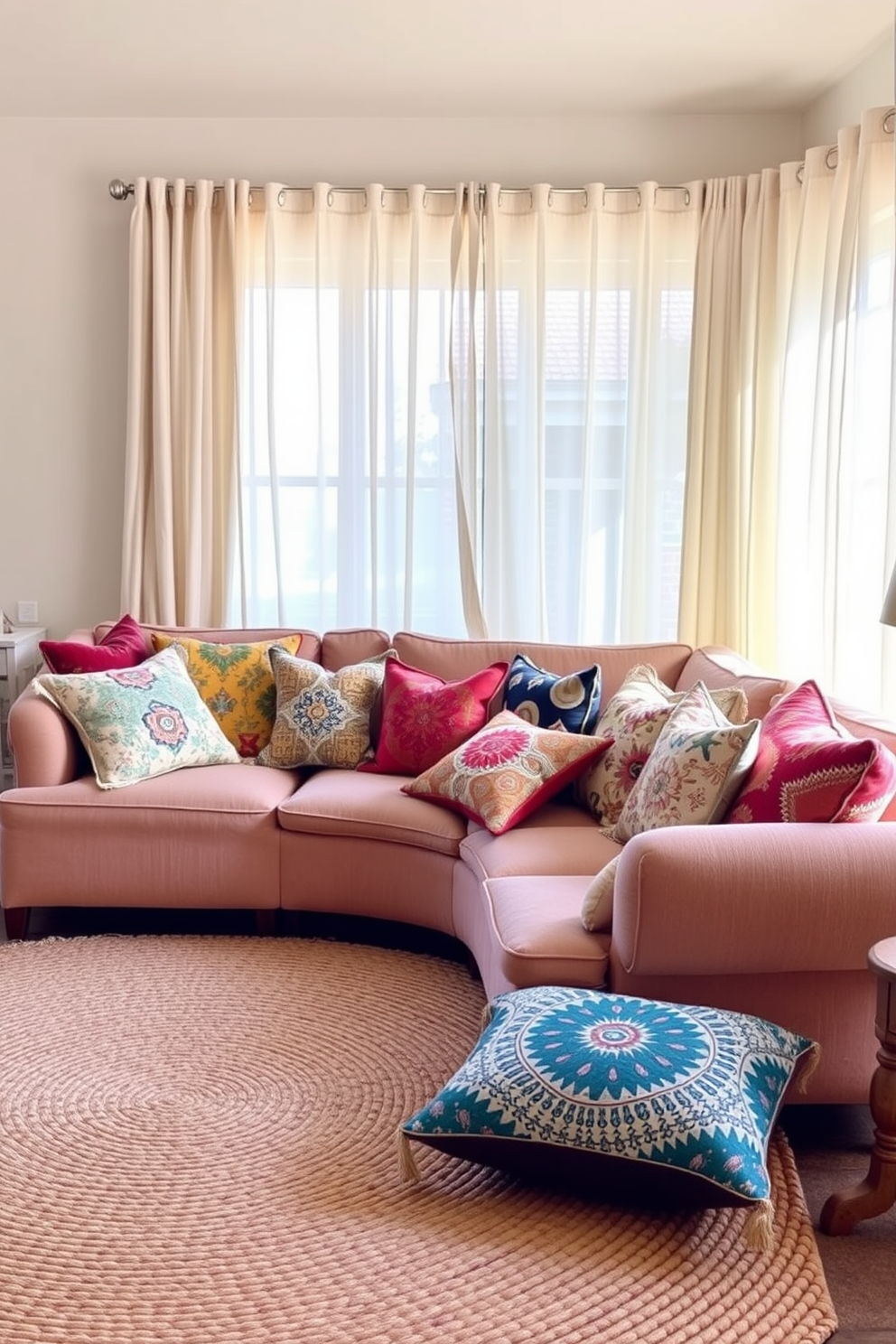 An eclectic mix of throw pillows in various patterns and textures adorns a plush, oversized sofa. The vibrant colors and unique designs create a warm and inviting atmosphere in the boho chic living room. A large, woven area rug anchors the space, complementing the diverse pillow styles. Natural light floods in through sheer curtains, enhancing the cozy and relaxed vibe of the room.