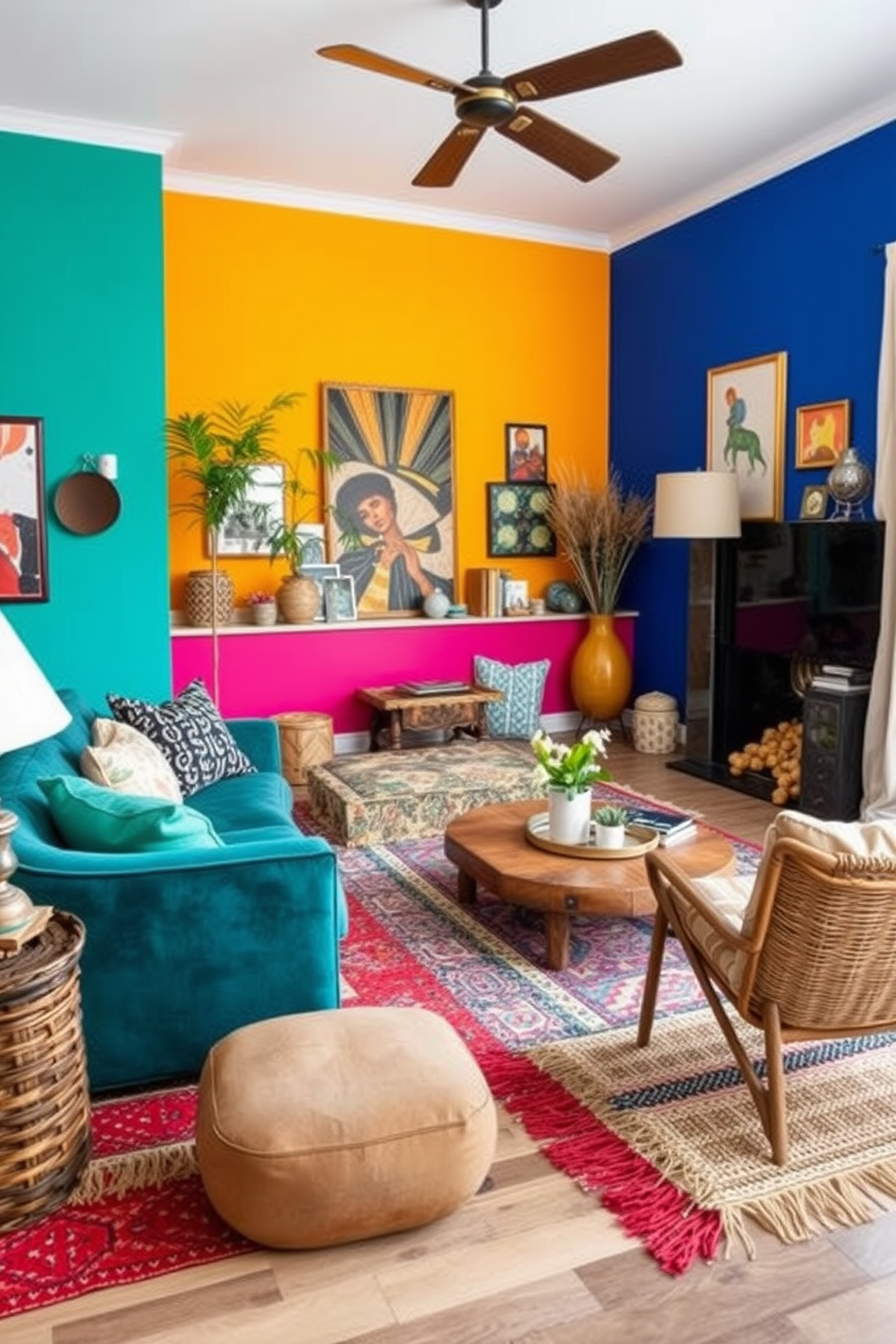 Brightly colored accent walls create a vibrant atmosphere in a Boho Chic living room. The space features a mix of textured fabrics, layered rugs, and eclectic decor that reflects a relaxed and artistic vibe.