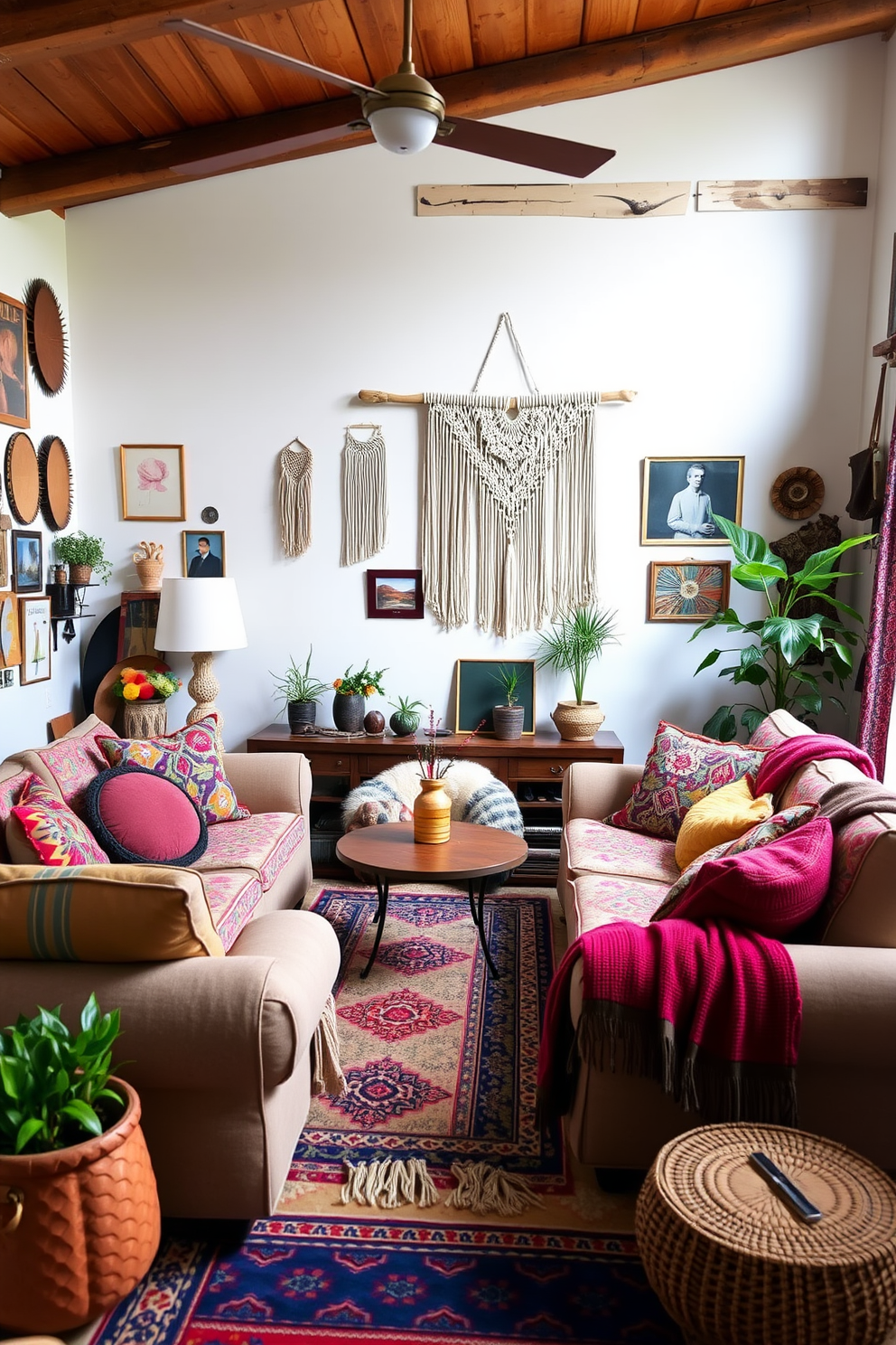 An inviting boho chic living room filled with an eclectic mix of patterned textiles. Plush cushions in vibrant colors and various patterns are scattered across a large, comfortable sofa. A woven tapestry hangs on the wall, showcasing intricate designs that add warmth to the space. A vintage coffee table sits in the center, adorned with an array of decorative books and a potted plant for a touch of greenery.