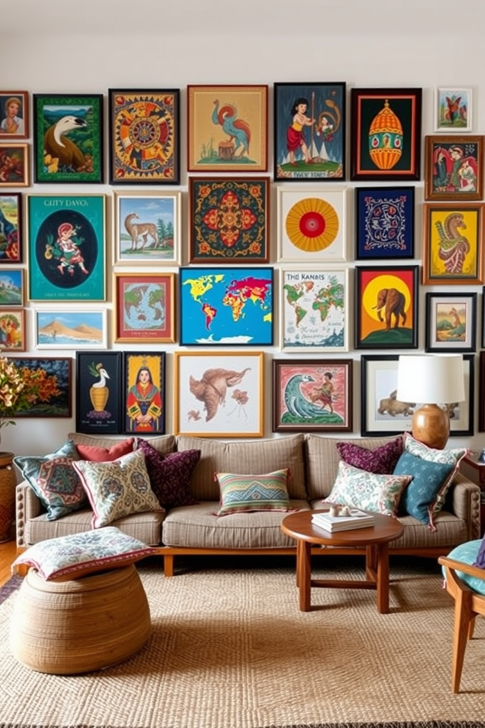 A stunning gallery wall filled with a diverse collection of global art pieces. Each artwork showcases vibrant colors and unique cultural themes, creating a visual tapestry that draws the eye. The living room embodies a Boho Chic aesthetic with layered textiles and eclectic decor. A mix of patterned cushions, a woven area rug, and natural wood furniture create a warm and inviting atmosphere.