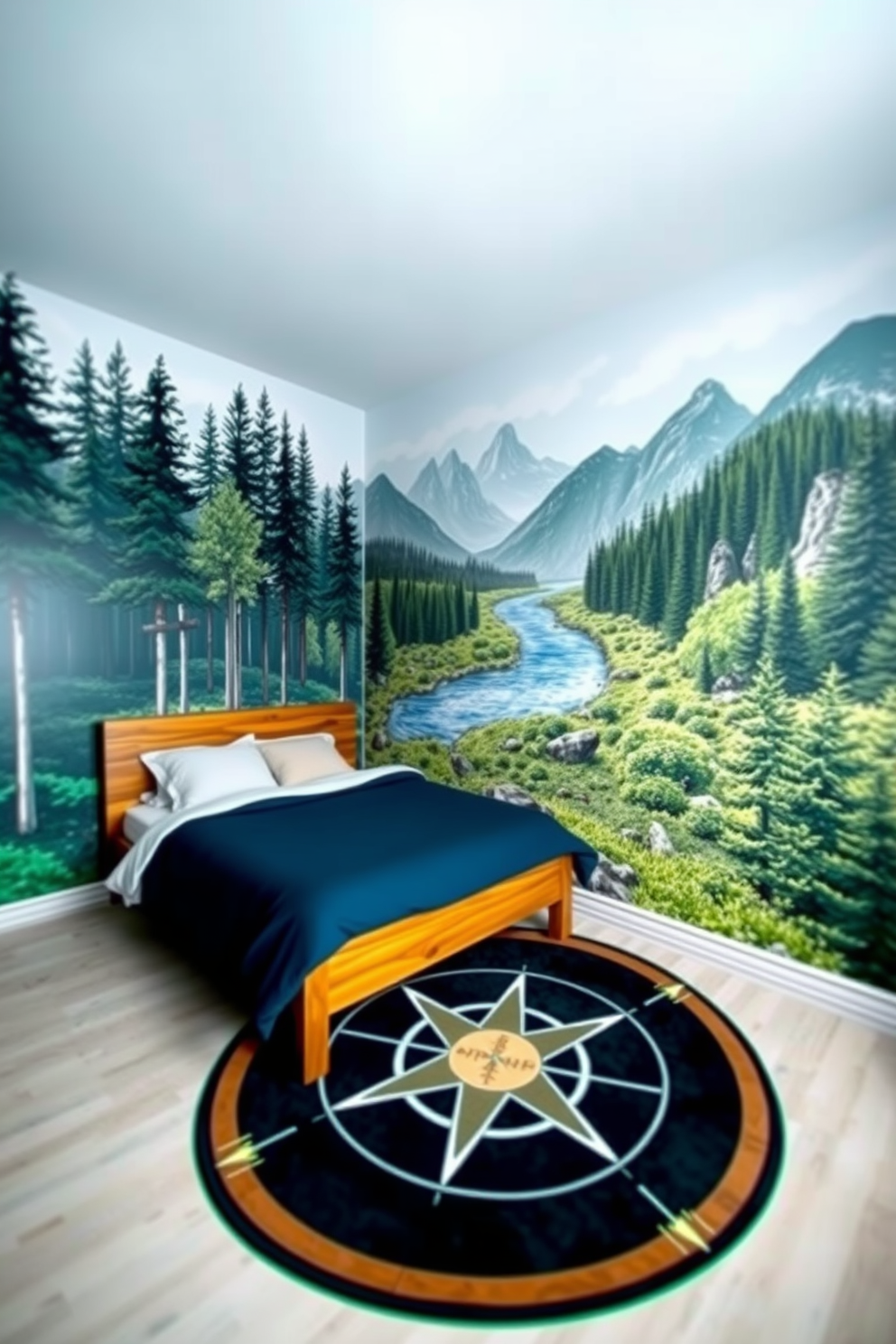 A vibrant boys bedroom designed with an adventure theme. The walls are adorned with colorful wall decals featuring mountains, forests, and playful animals, creating an exciting atmosphere. The bed is positioned against a feature wall painted in a deep blue, resembling a night sky. A cozy reading nook with a small tent and cushions invites imaginative play and relaxation.