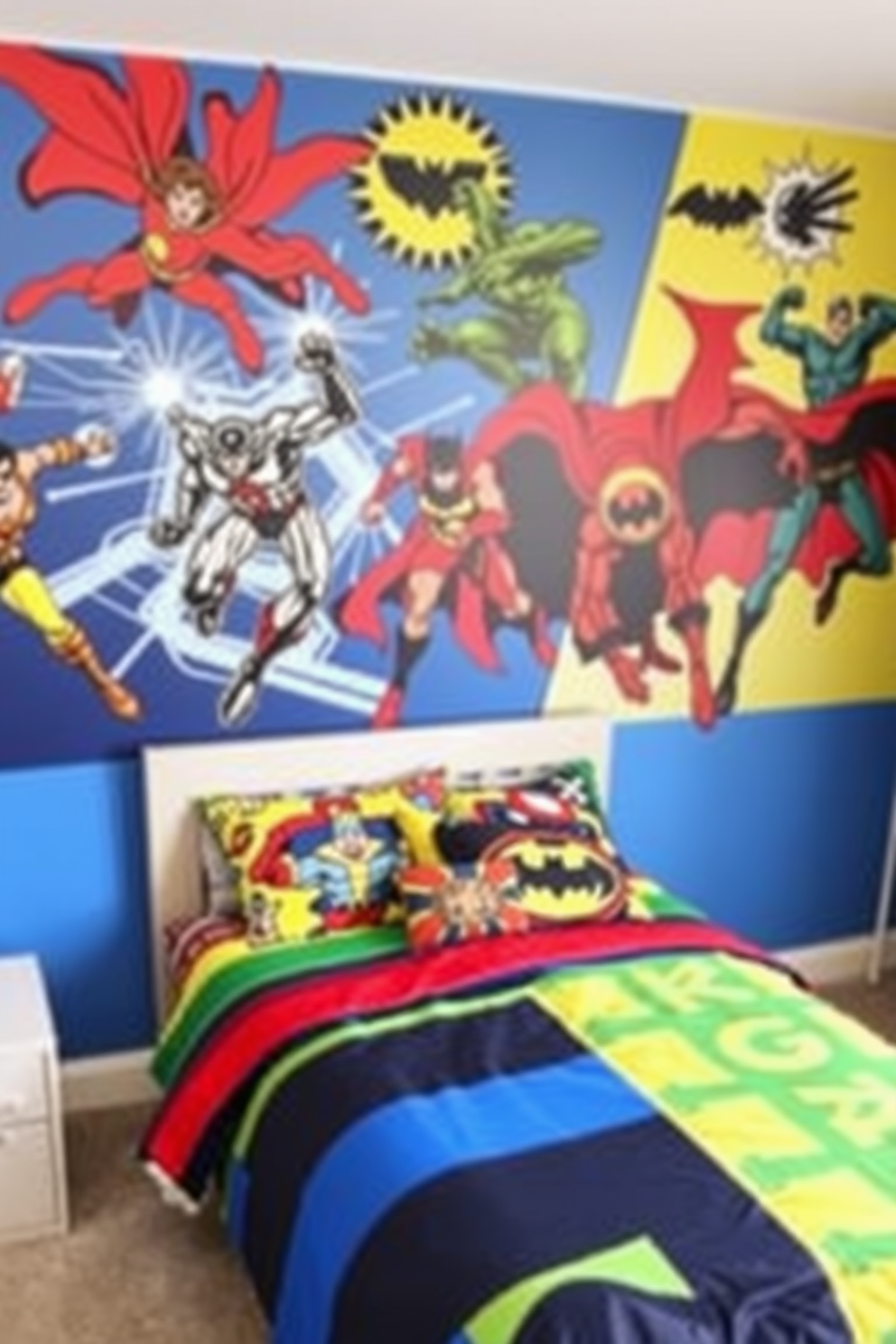 A boys bedroom featuring robot-themed accessories and bedding. The walls are painted in a bright blue color, and the bedding showcases playful robot patterns in vibrant colors. A sleek desk with a modern design sits against one wall, adorned with robot figurines and a stylish lamp. The floor is covered with a soft gray area rug, providing a cozy space for play and relaxation.