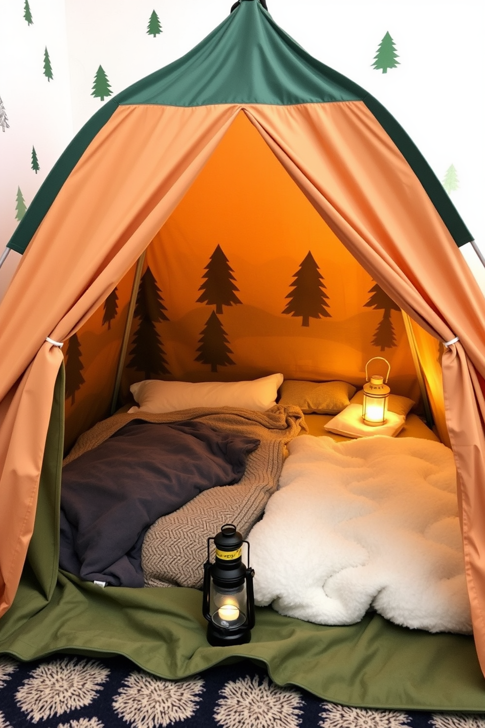 A cozy camping themed tent is set up in a boys bedroom, complete with soft blankets and pillows inside. The walls are adorned with nature-inspired decals, and a small lantern provides warm lighting for a fun sleepover atmosphere.