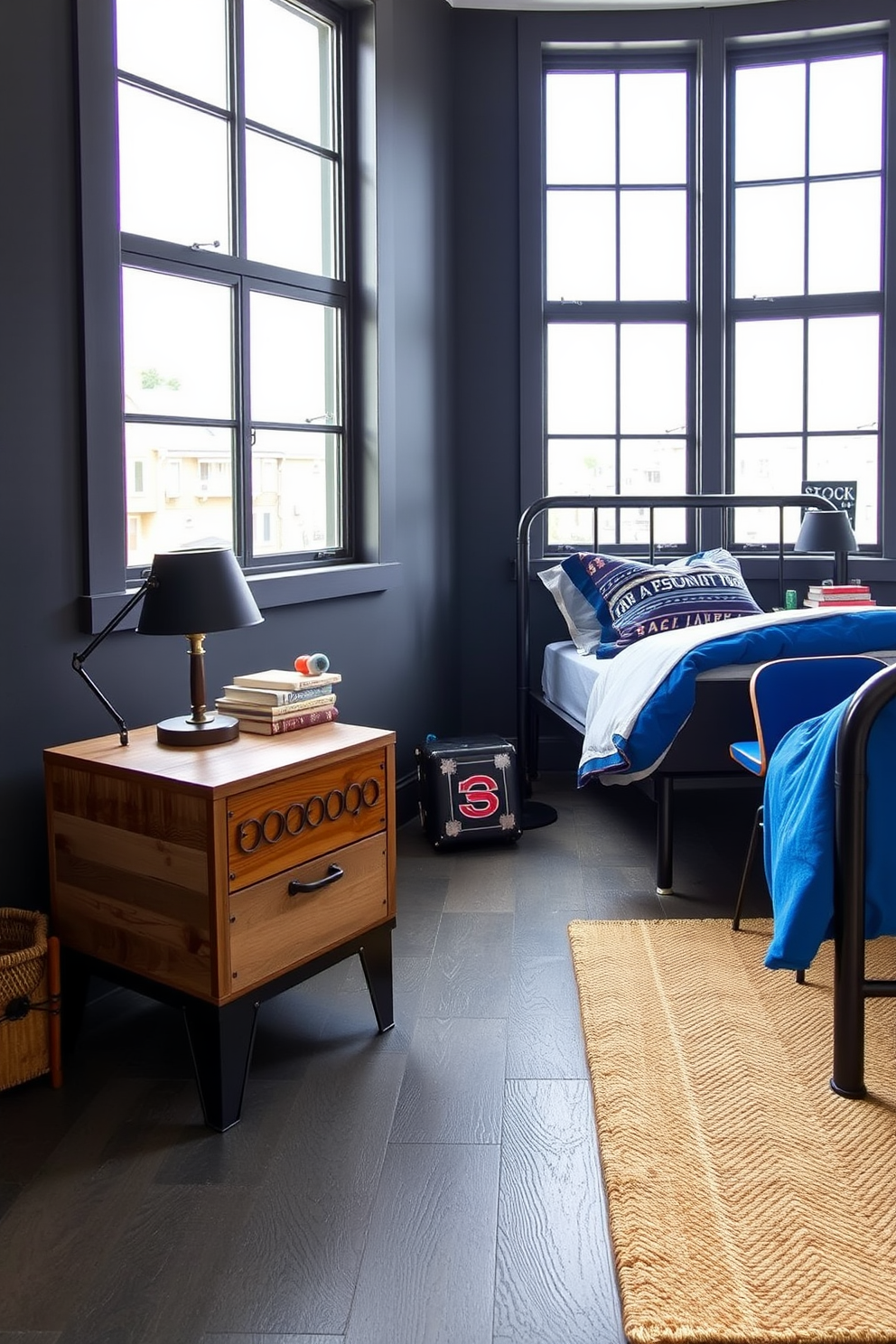 Industrial style furniture with metal accents creates a bold and modern atmosphere in a boys bedroom. The room features a sturdy metal bed frame paired with a reclaimed wood nightstand and a vintage-style desk with exposed metal legs. The walls are painted in a deep charcoal gray, complemented by bright blue accents in the bedding and decor. Large windows allow natural light to flood the space, highlighting the unique textures of the furniture and accessories.