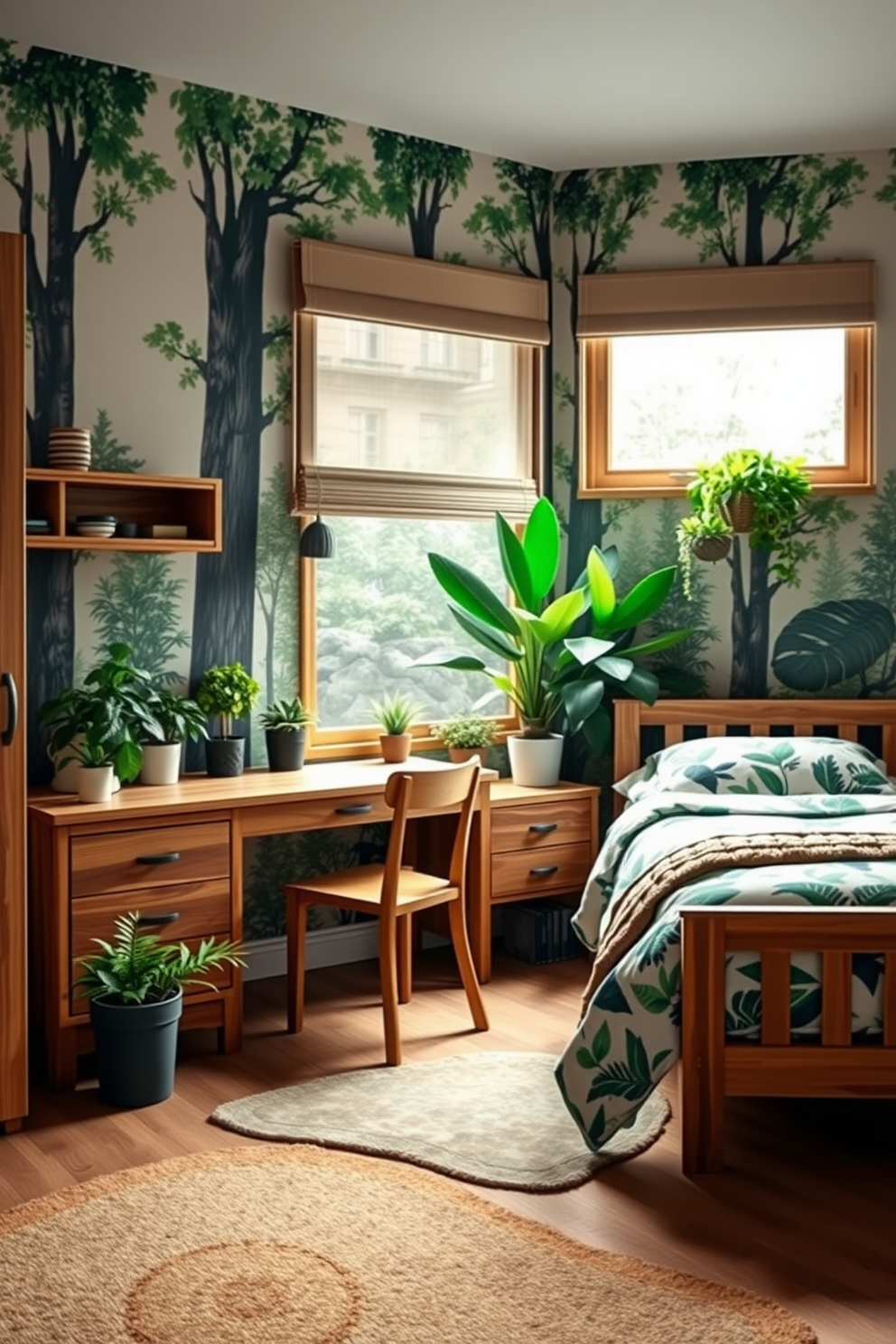 A nature inspired boys bedroom featuring wooden furniture and vibrant green plants. The walls are adorned with forest-themed wallpaper, and a cozy bed with a leafy patterned duvet sits against one side. A wooden desk with a sleek design is placed near the window, surrounded by potted plants that add a fresh touch. The floor is covered with a soft area rug in earthy tones, creating a warm and inviting atmosphere.