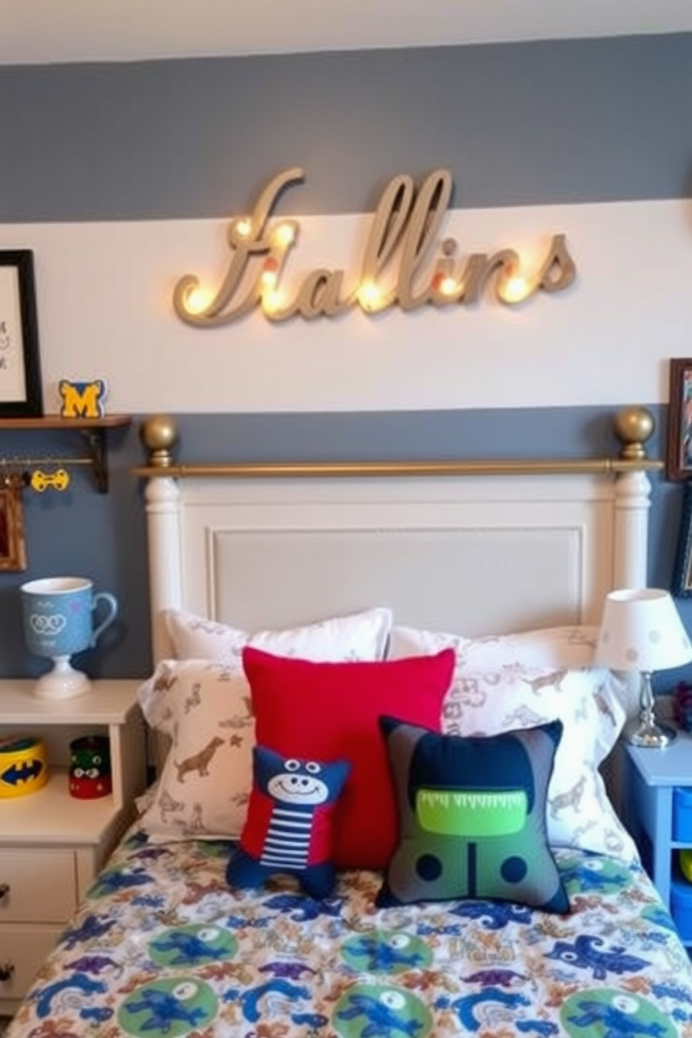 A boys bedroom designed for car enthusiasts features a race track rug that covers the floor, creating an exciting play area. The walls are painted in a vibrant blue, adorned with framed posters of classic cars and racing legends. A twin bed with a sleek race car-shaped frame is positioned against one wall, complemented by colorful bedding that matches the theme. A small desk in the corner is styled to resemble a pit stop, complete with a checkered flag desk lamp and storage for toy cars.