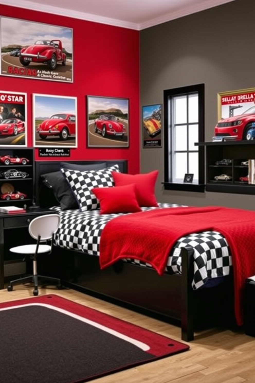 A classic car themed boys bedroom featuring a red and black color scheme. The walls are adorned with vintage car posters and the bedding showcases a checkered pattern reminiscent of a race track. A sleek black bed frame is complemented by red accent pillows and a plush red throw blanket. The room includes a small desk with a racing-themed chair and a model car display on the shelves.