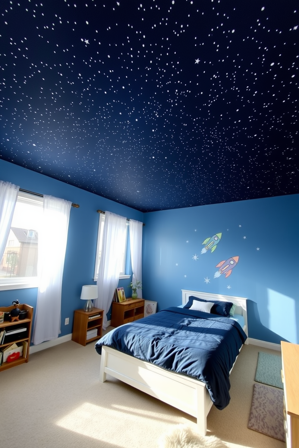 A boys bedroom with a starry night ceiling that creates a dreamy atmosphere. The walls are painted in a soft blue hue, and a cozy bed with a navy comforter is positioned against one wall. A large window allows natural light to filter in, adorned with sheer white curtains. Fun wall decals of planets and rockets add a playful touch to the room's decor.