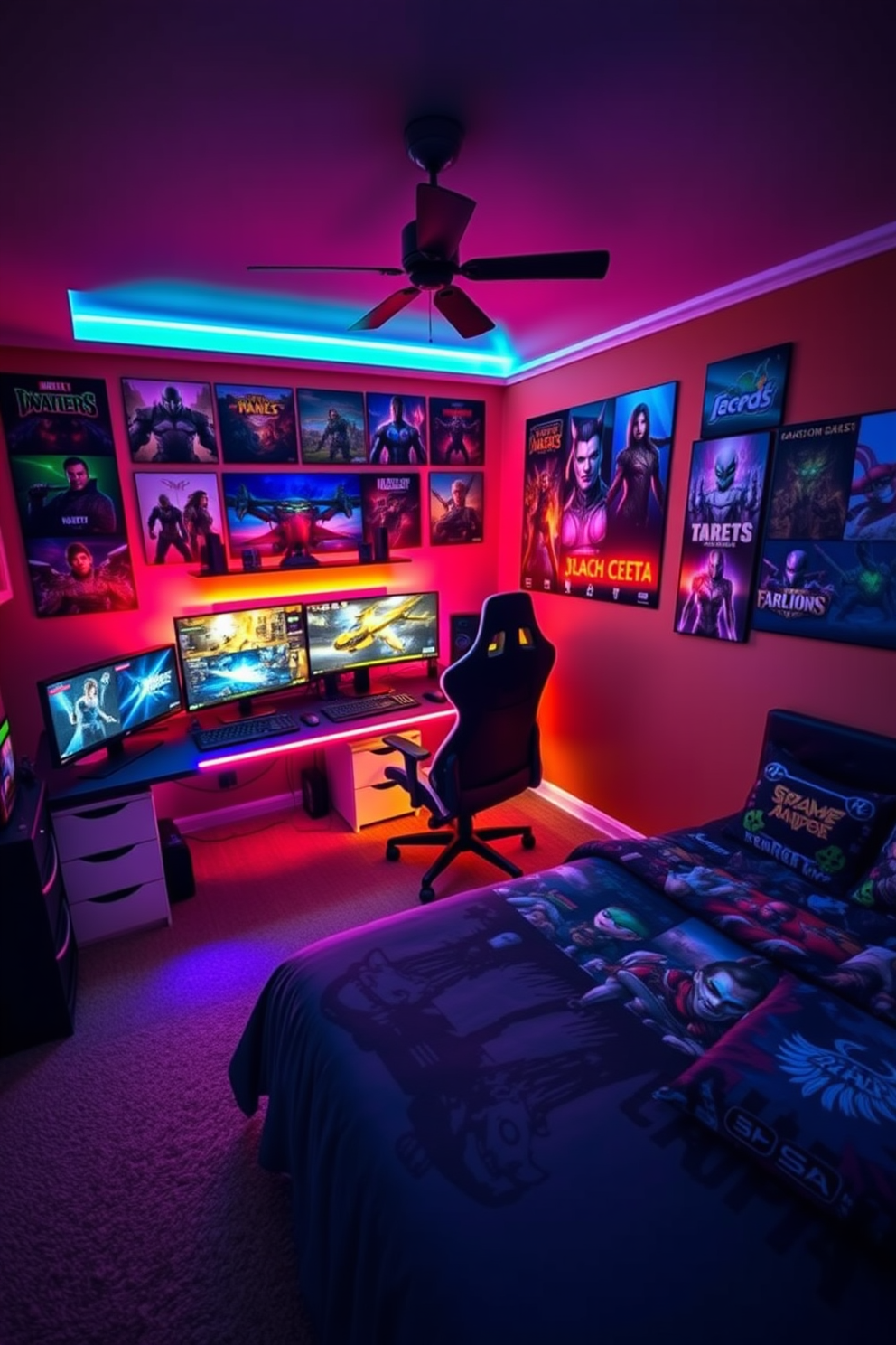 A vibrant boys bedroom featuring a dedicated video game station. The room includes a large gaming desk with multiple monitors and colorful LED lighting, complemented by a plush gaming chair for comfort. The walls are adorned with posters of popular video games, creating an immersive atmosphere. A cozy bed with themed bedding is positioned against the opposite wall, providing a perfect retreat after gaming sessions.