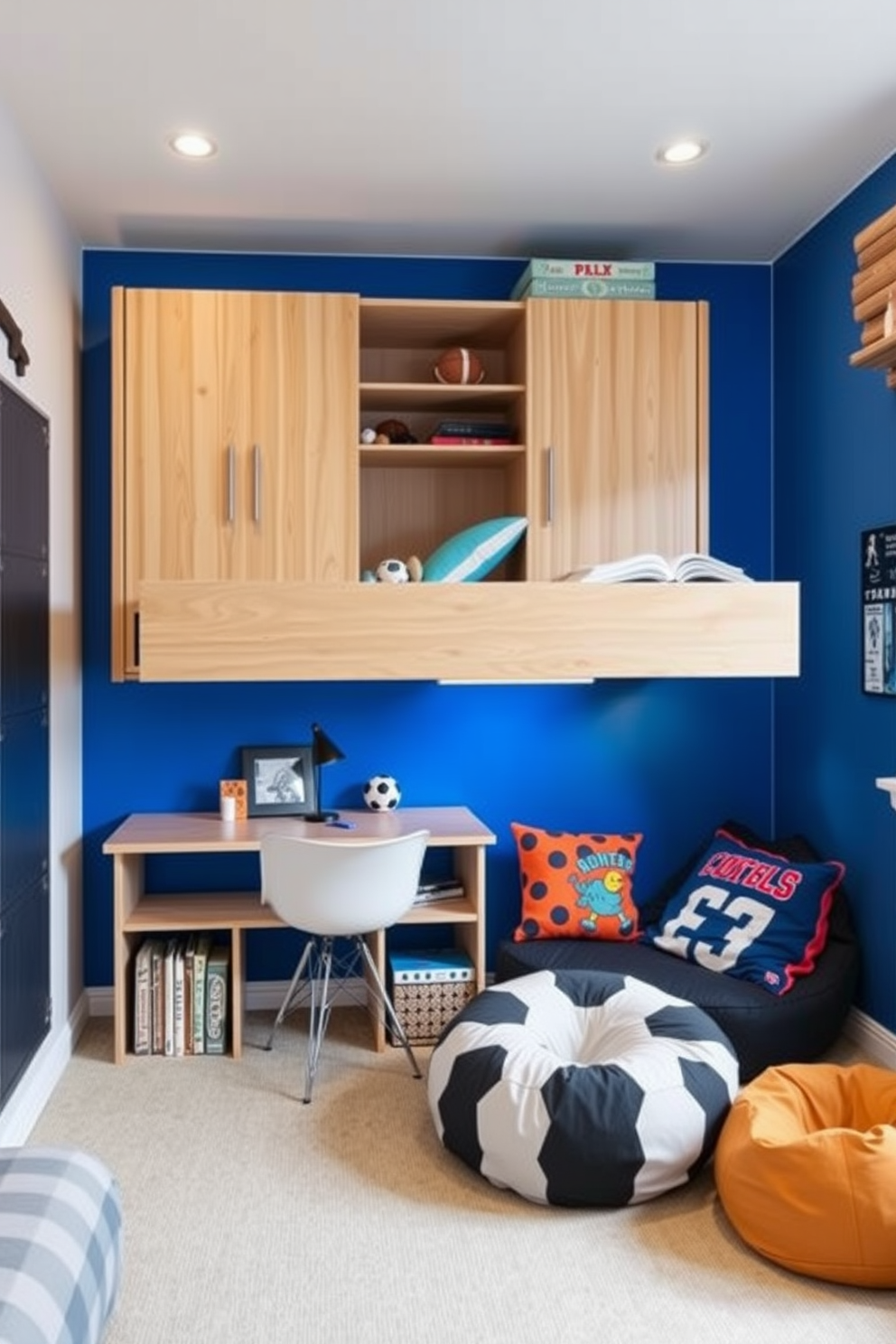 Transformable furniture for small spaces. A compact bed that folds into the wall, revealing a desk and shelving unit underneath when not in use. Boys bedroom design ideas. The room features a bold blue accent wall, a cozy reading nook with bean bags, and sports-themed decor throughout.