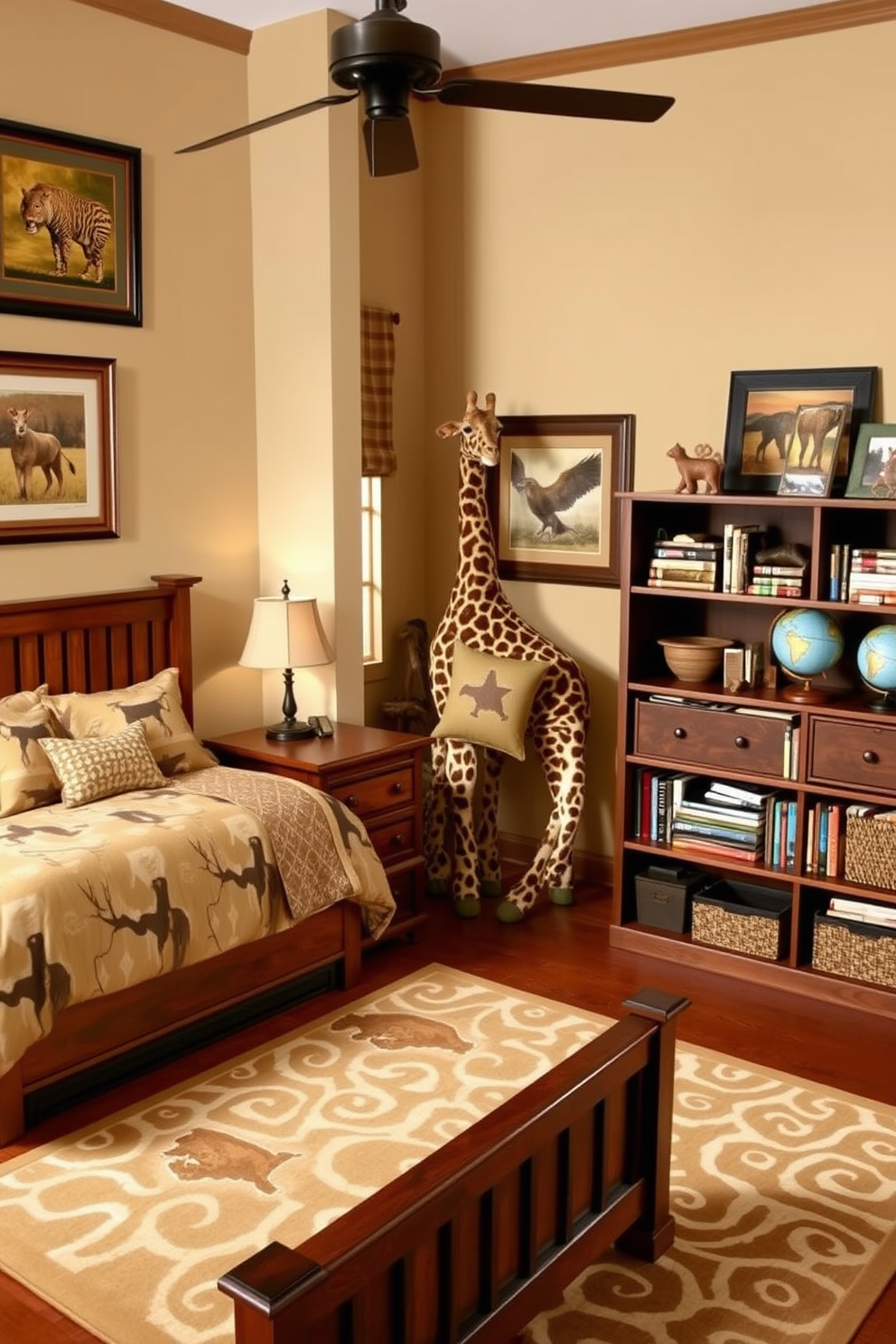 A boys bedroom designed with a safari theme features animal print bedding in earthy tones. The walls are adorned with framed wildlife art and a large plush giraffe stands in one corner. The room includes a sturdy wooden bed with a matching nightstand and a fun, patterned area rug. A bookshelf filled with adventure-themed books and a globe adds an educational touch to the playful decor.