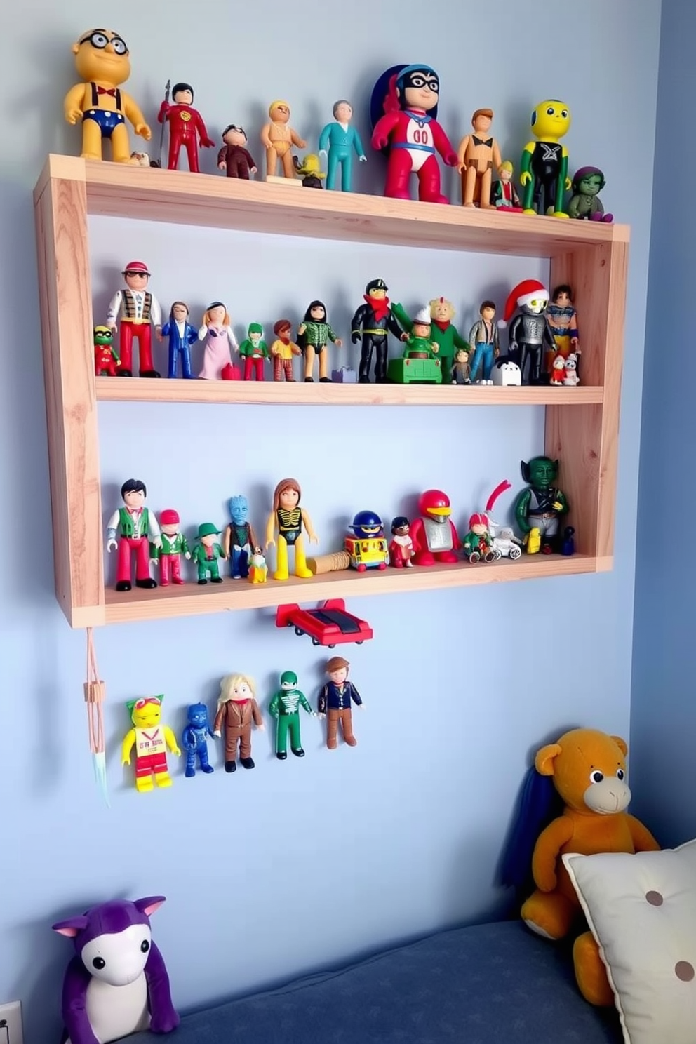 A charming vintage toy display shelf filled with colorful classic toys and action figures. The shelf is made of reclaimed wood and is mounted on a light blue wall, creating a playful atmosphere in the boys bedroom.