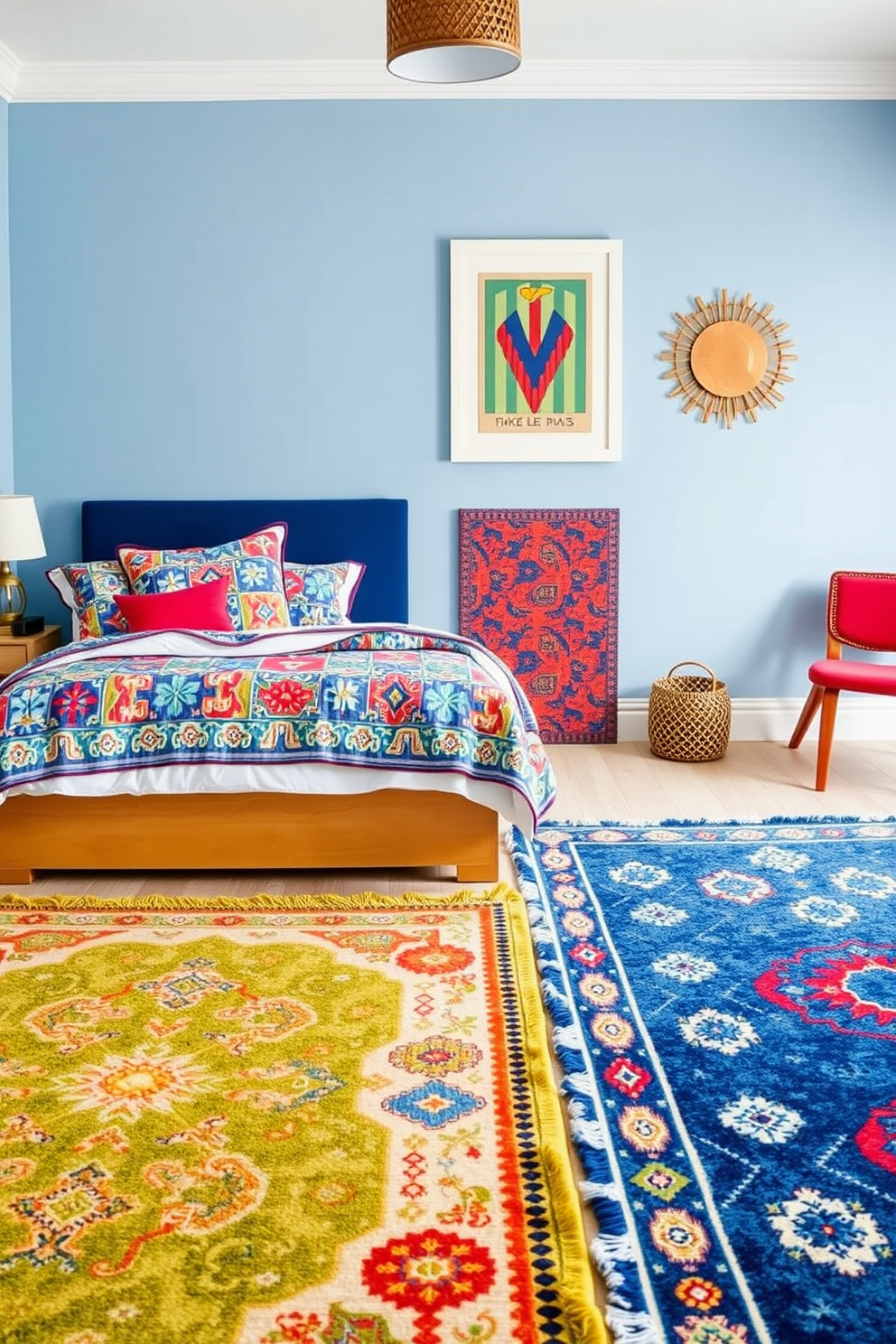 A boys bedroom featuring colorful rugs that add warmth and texture to the space. The walls are painted in a soft blue hue, and the bedding showcases vibrant patterns that complement the rugs.