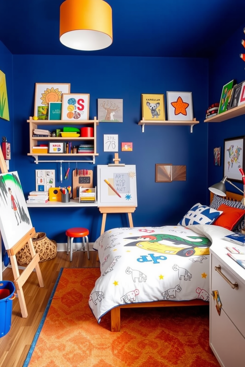 A vibrant art station designed for creative expression. The walls are adorned with colorful artwork and shelves filled with art supplies, while a large easel stands in the corner next to a cozy reading nook. The boys bedroom features a playful theme with bold colors and fun patterns. A sturdy bed with a themed duvet cover is complemented by a desk for homework and a rug that adds warmth to the space.