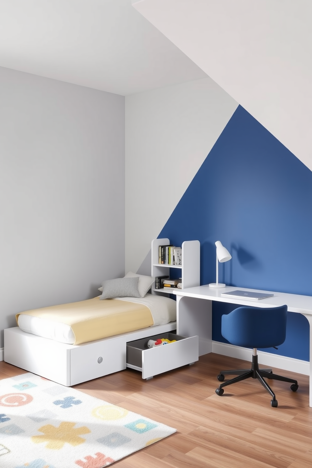 A minimalist boys bedroom featuring a simple yet functional layout. The room includes a low-profile bed with a built-in storage drawer and a sleek desk with a comfortable chair. The walls are painted in a soft gray tone, complemented by a single accent wall in a vibrant blue. A small bookshelf holds a collection of books and toys, while a colorful rug adds warmth to the space.