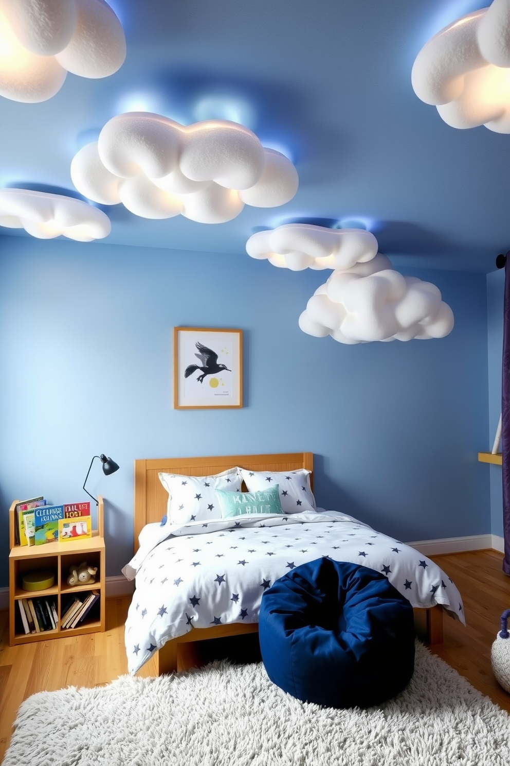 A whimsical boys bedroom featuring cloud-shaped ceiling lights that create a dreamy atmosphere. The walls are painted in a soft blue hue, and the bedding showcases playful patterns of stars and moons. A cozy reading nook is tucked in the corner with a bean bag chair and a small bookshelf filled with colorful storybooks. The floor is adorned with a plush area rug that adds warmth and comfort to the space.