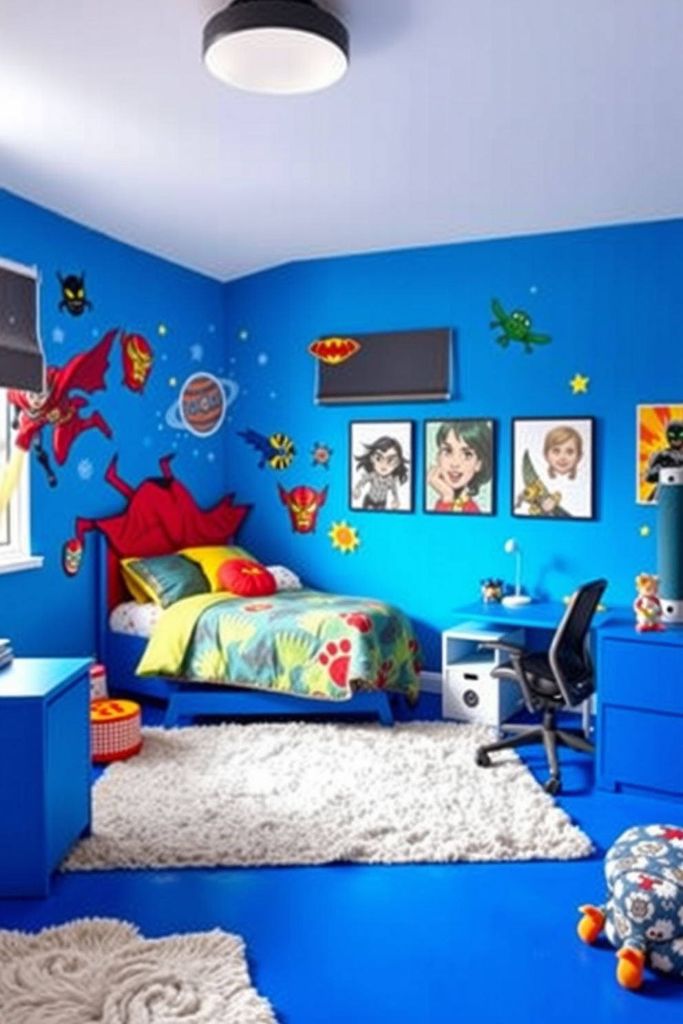 A vibrant boys bedroom featuring wall decals of superheroes and outer space themes. The room is painted in a bright blue color with a cozy bed adorned with colorful bedding and plush toys. A study area with a fun desk and ergonomic chair is situated near the window. The floor is covered with a soft area rug that adds warmth and comfort to the playful space.