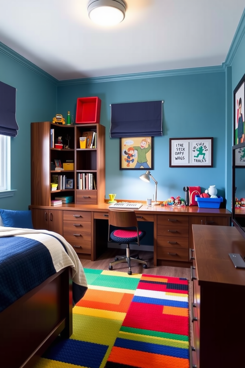 A vibrant boys bedroom featuring a Lego building station seamlessly integrated into the furniture. The room includes a sturdy wooden desk with built-in storage for Lego bricks and a colorful rug that adds a playful touch.