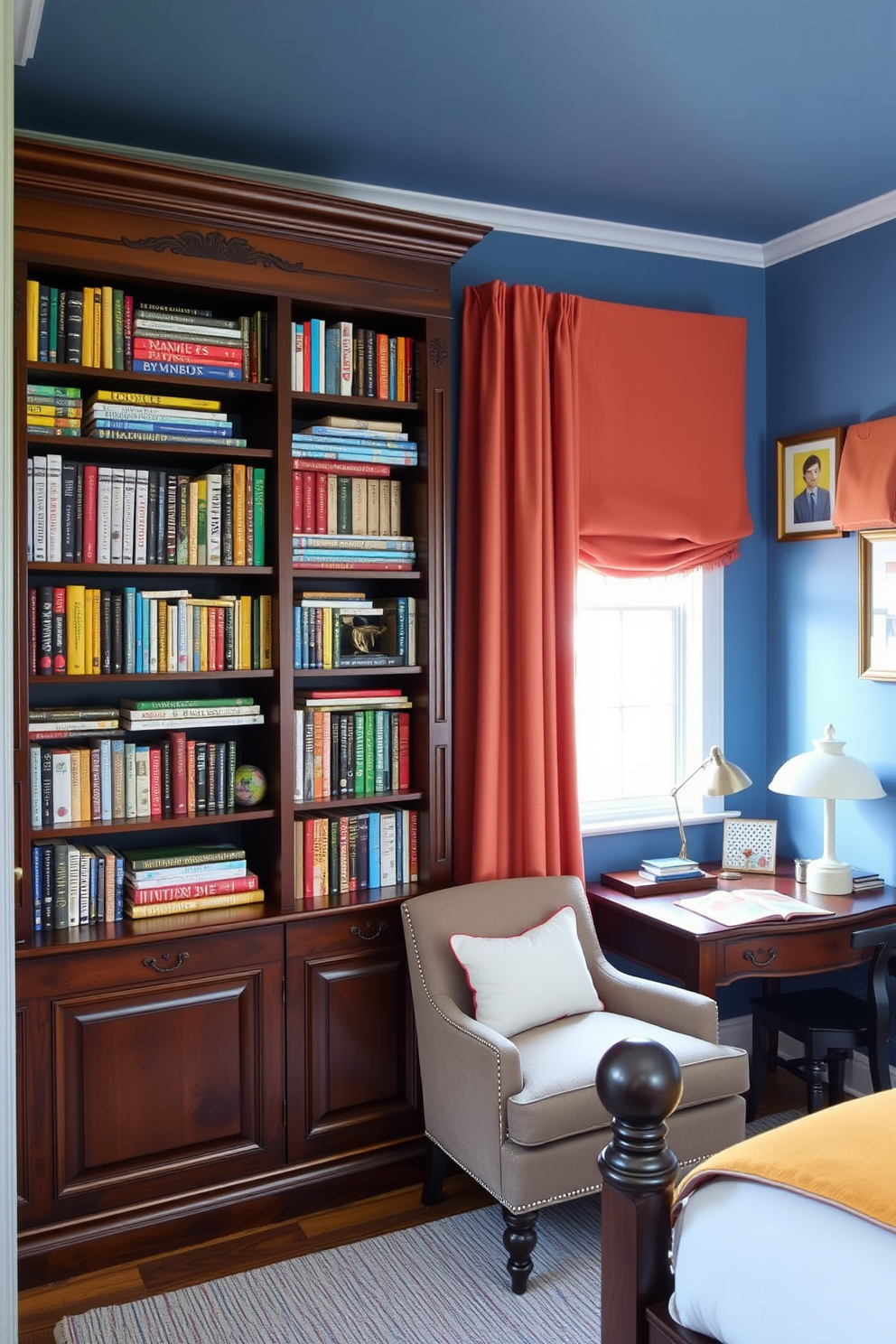 A classic bookcase stands against the wall, crafted from rich mahogany with intricate carvings. The shelves are filled with an array of colorful books, and a cozy reading nook with a plush armchair is positioned nearby. In the boys bedroom, the walls are painted in a calming blue hue, complemented by bold accent colors in the bedding and curtains. A stylish desk with a lamp and stationery adds a functional element, while playful artwork decorates the walls.