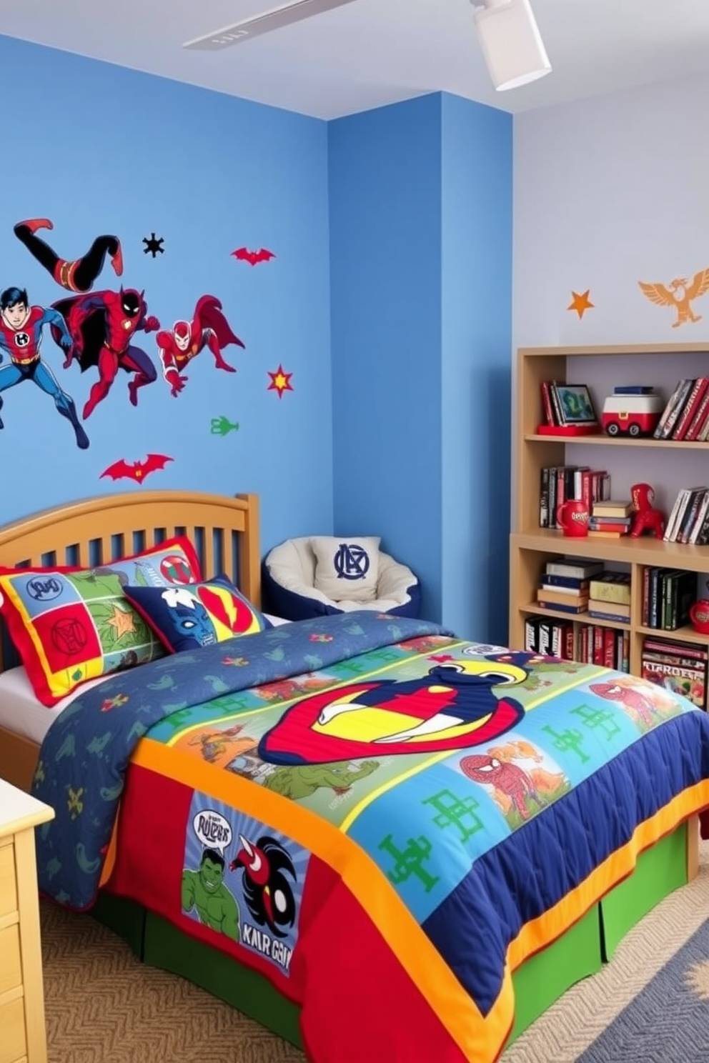 A cozy boys bedroom featuring space-saving furniture that maximizes functionality. The room includes a loft bed with a desk underneath and built-in shelves for books and toys. The color scheme is a mix of navy blue and bright yellow, creating a vibrant yet calming atmosphere. A small bean bag chair and a rug add comfort and style to the space.