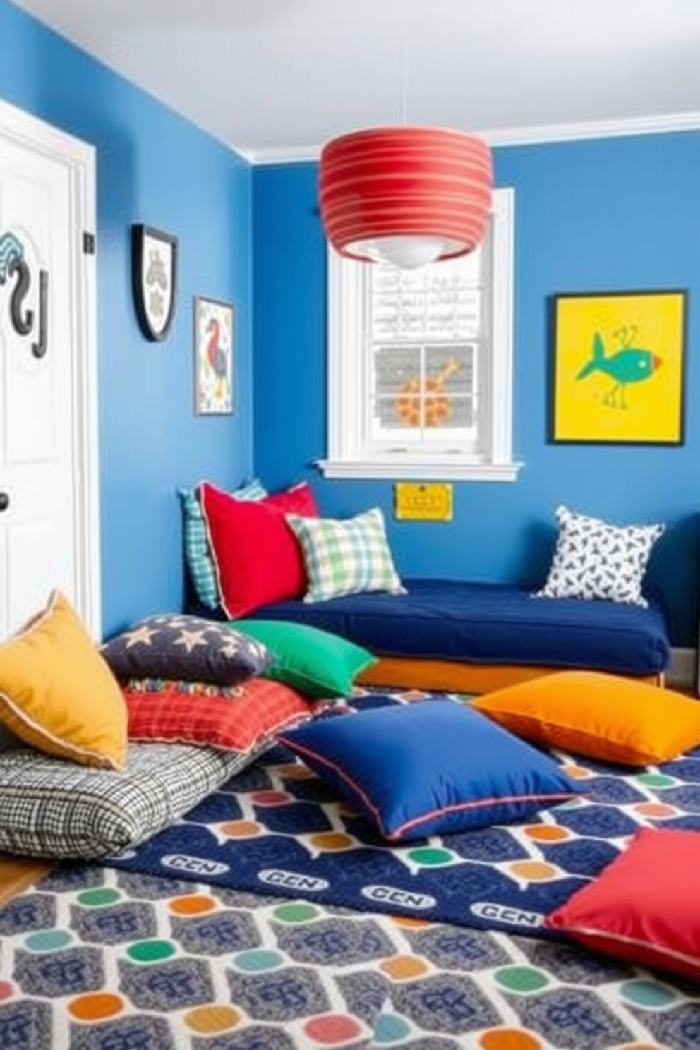 A cozy boys bedroom featuring colorful floor cushions arranged in a casual lounging area. The walls are painted in a playful blue tone, and a fun patterned rug adds texture to the space.