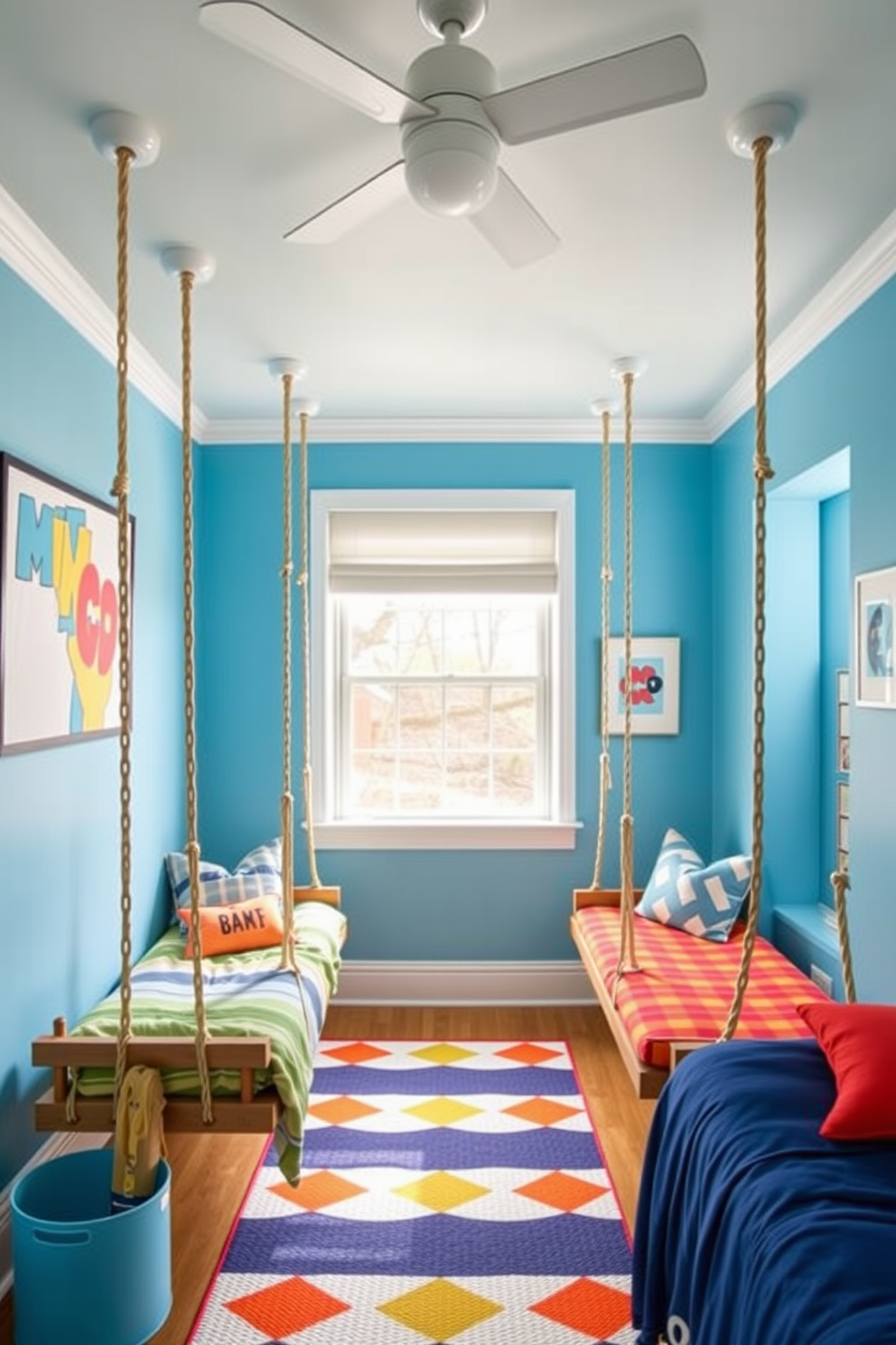 A playful boys bedroom featuring hanging swings as seating options. The walls are painted in a vibrant blue, complemented by colorful accents in the bedding and decor.