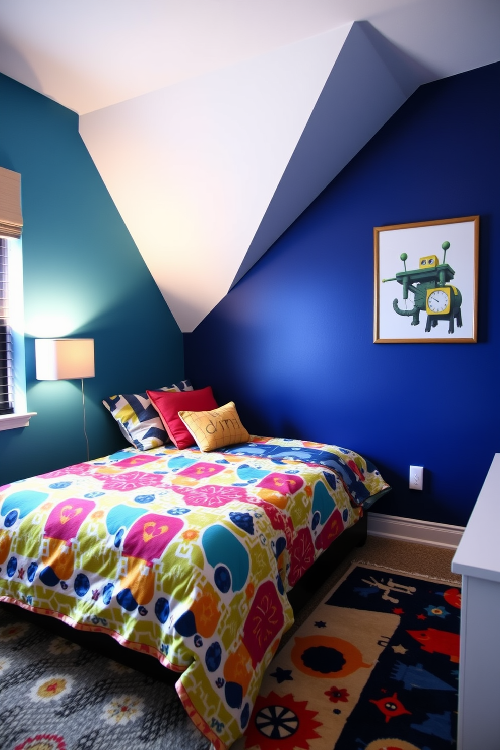 A boys bedroom featuring a bold color accent wall in a deep blue shade that adds vibrancy to the space. The room includes a stylish bed with a colorful duvet cover and matching pillows, alongside a playful rug that complements the overall theme.