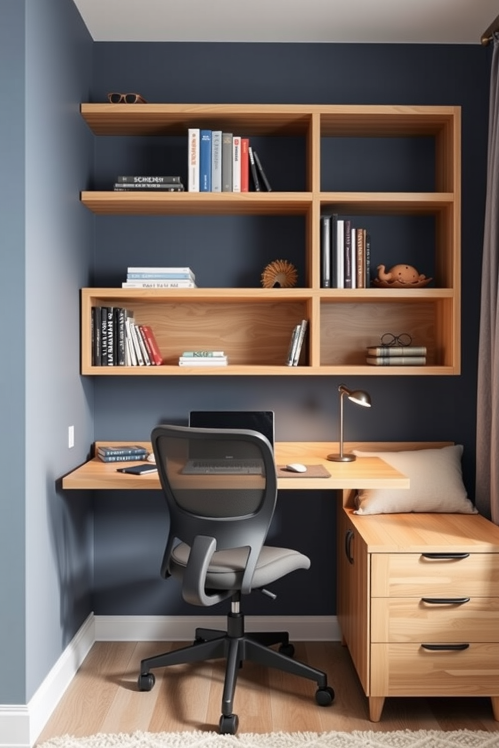 A modern boys bedroom featuring a wall-mounted desk designed for homework and projects. The desk is made of light wood and is complemented by a comfortable ergonomic chair, with shelves above for books and supplies.