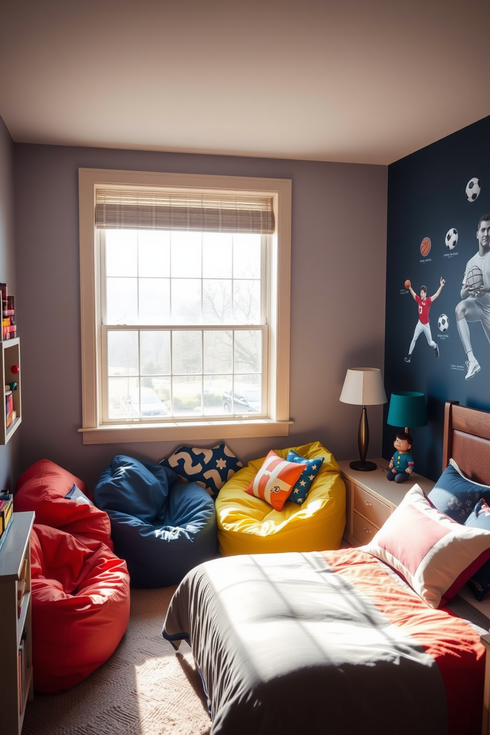 Cozy reading nook with bean bags. Soft natural light filters through a large window illuminating the space filled with colorful bean bags and plush cushions. Boys bedroom design ideas. The room features a bold color palette with a sporty theme, including a bed with a themed duvet and wall decals of favorite athletes.