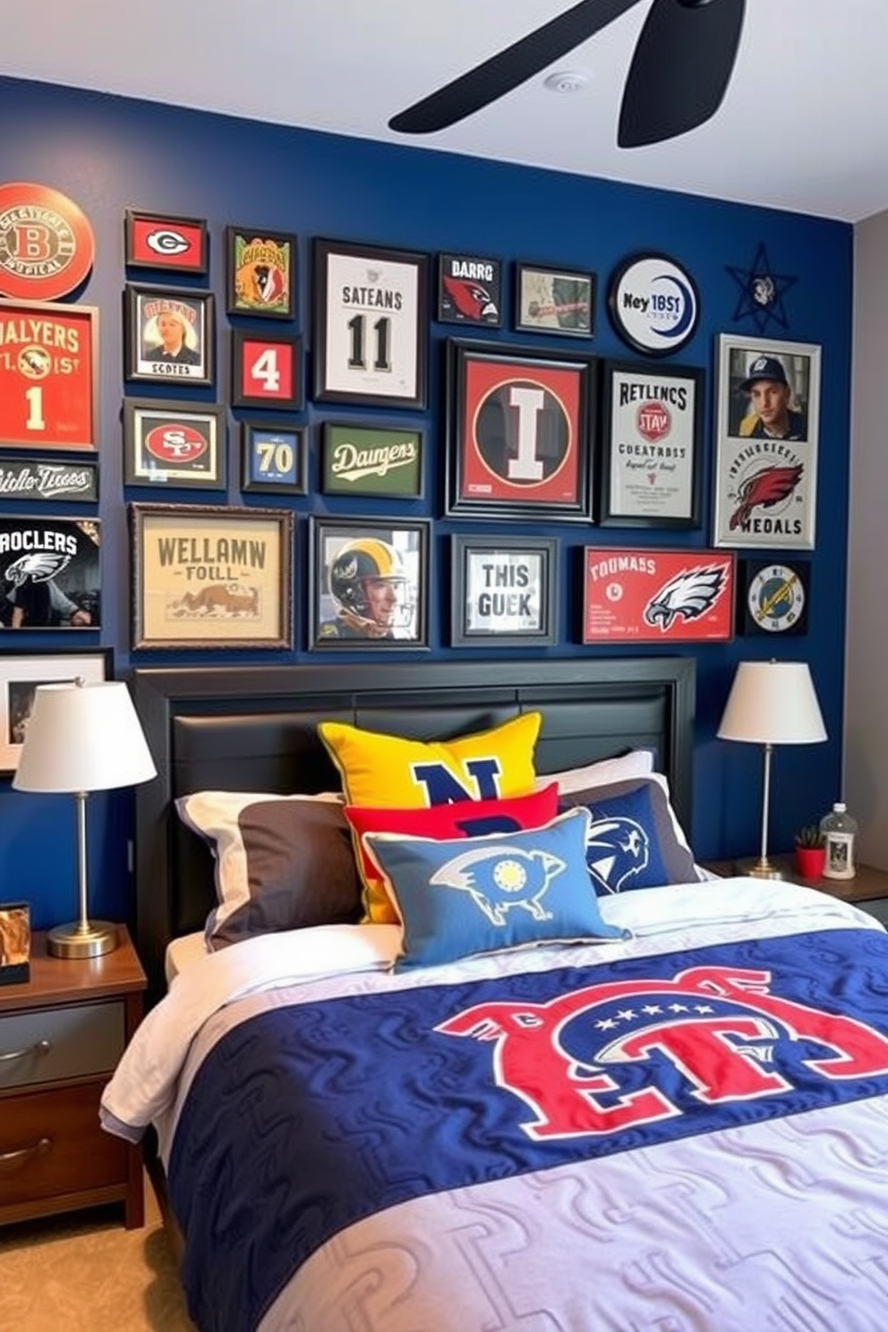 A stylish boys bedroom featuring a gallery wall above the bed displaying an impressive collection of sports memorabilia. The room is painted in a cool blue tone with a cozy bed adorned with colorful bedding that reflects the favorite sports teams.