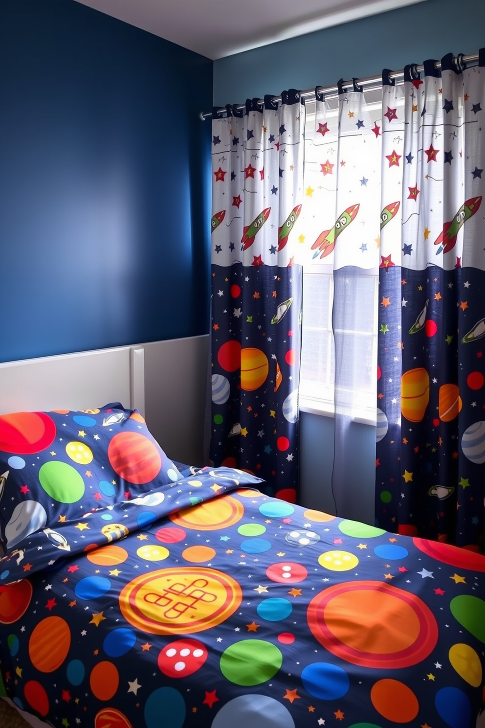 A stylish boys bedroom featuring bunk beds designed to maximize floor space. The lower bunk is a cozy nook with bright blue bedding and a built-in bookshelf on the side, while the upper bunk has a playful canopy and colorful cushions. The walls are painted in a cheerful light gray, complemented by vibrant wall decals of outer space. A soft area rug in the center provides a comfortable play area, and a small desk with a chair is positioned near the window for study time.