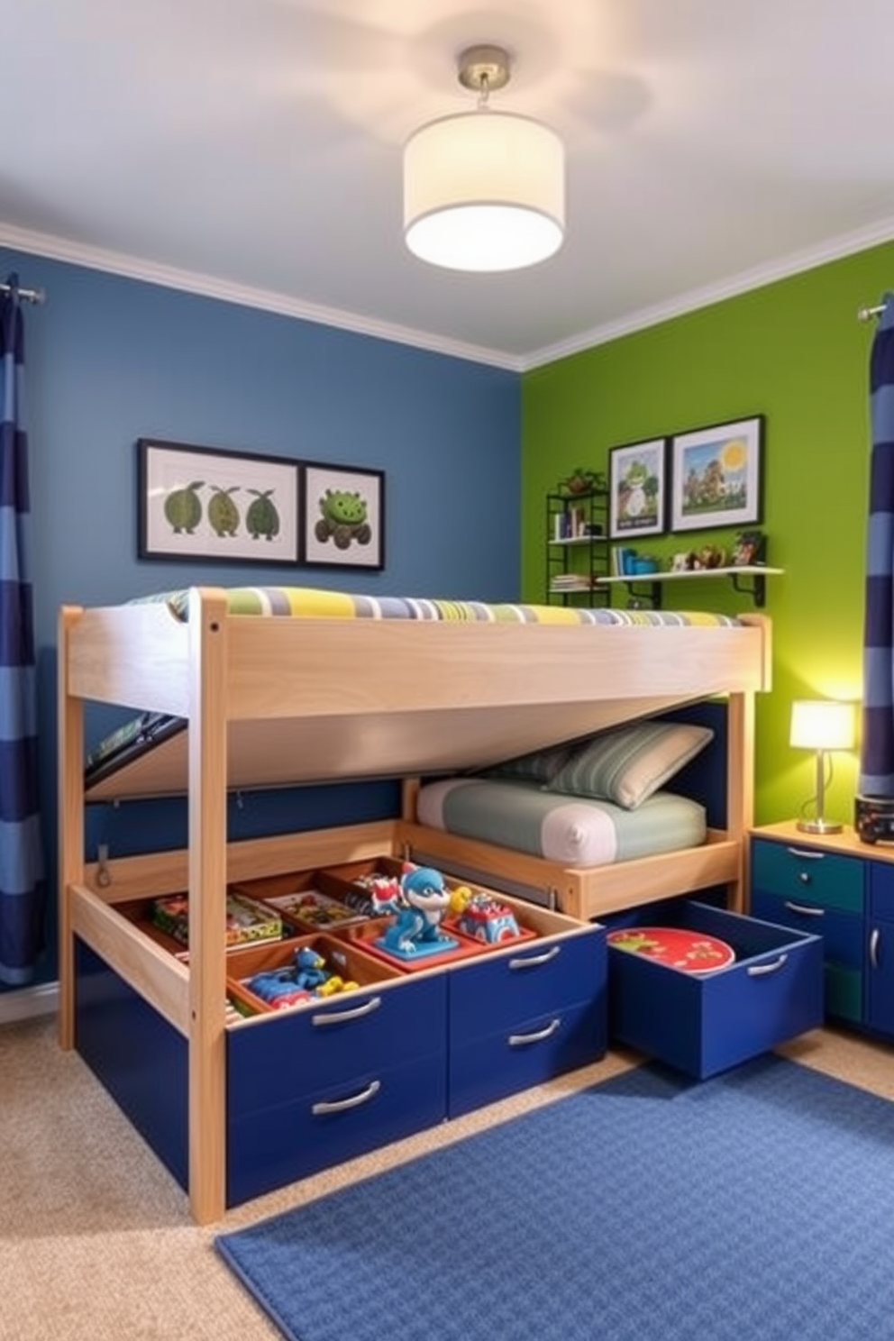 A playful boys bedroom designed with under bed storage solutions for toys and games. The room features a vibrant color palette with blue and green accents, and a sturdy bed frame that lifts to reveal ample storage space underneath.